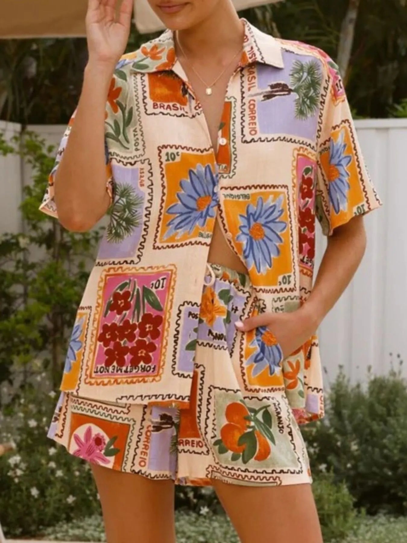Printed Button Up Shirt and Shorts Set