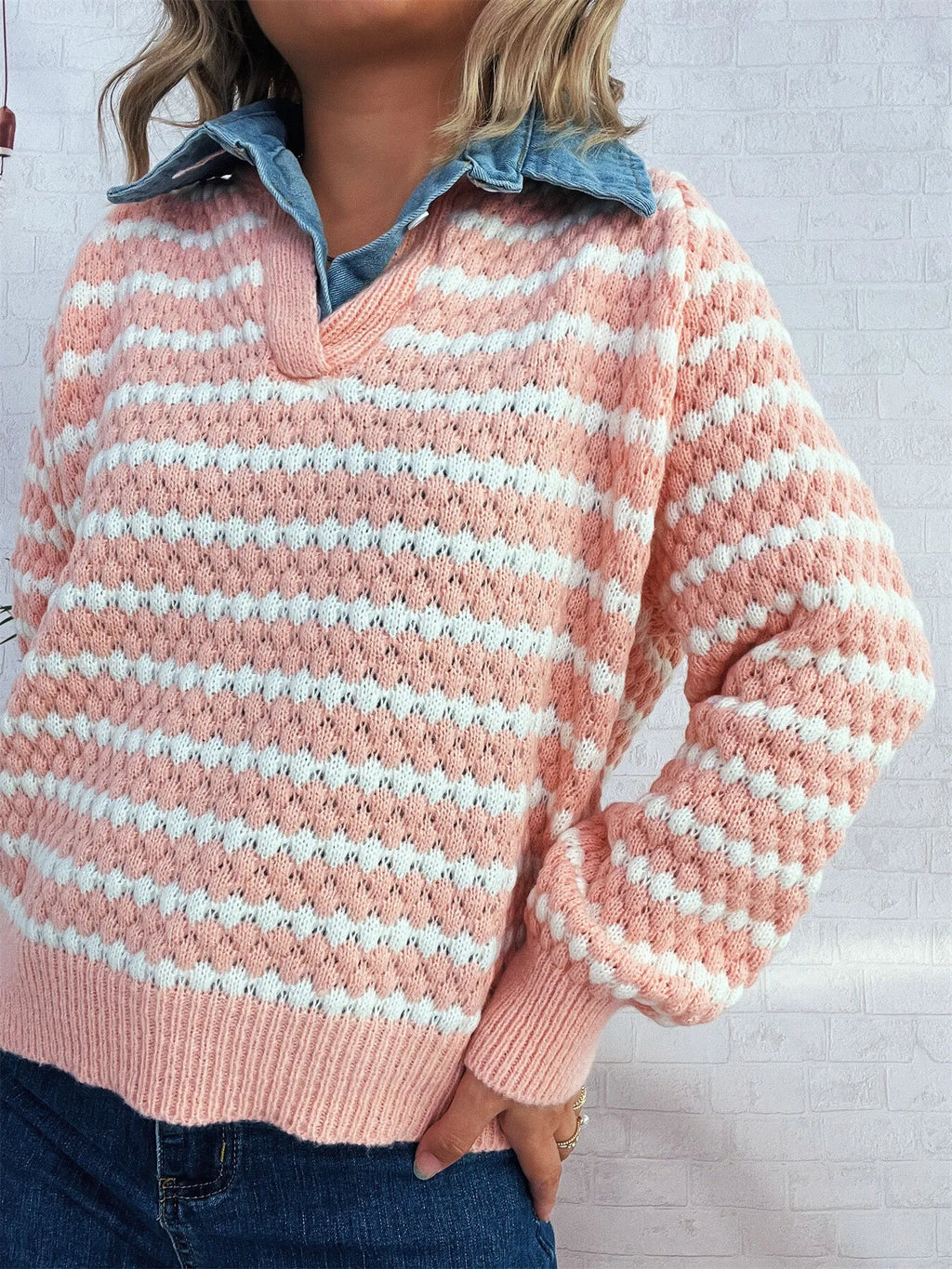 Contrast Striped Sweater with Denim Collar