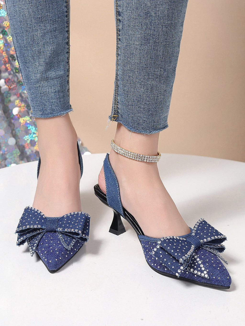 Rhinestone Bowknot Slingback Pumps