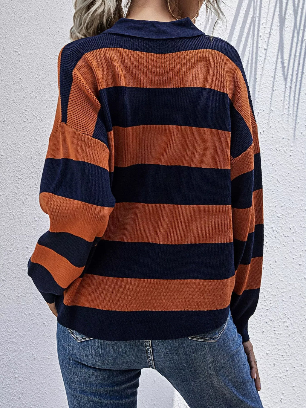 Striped Button Detail Dropped Shoulder Knit Top