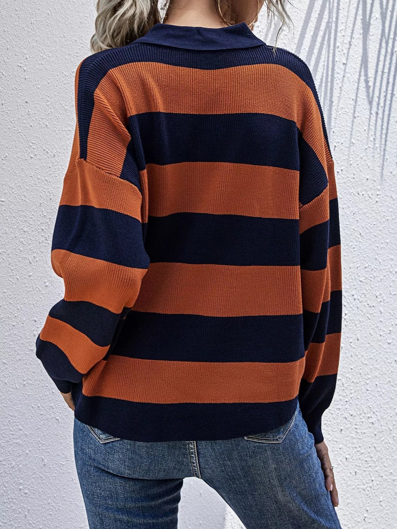 Striped Button Detail Dropped Shoulder Knit Top