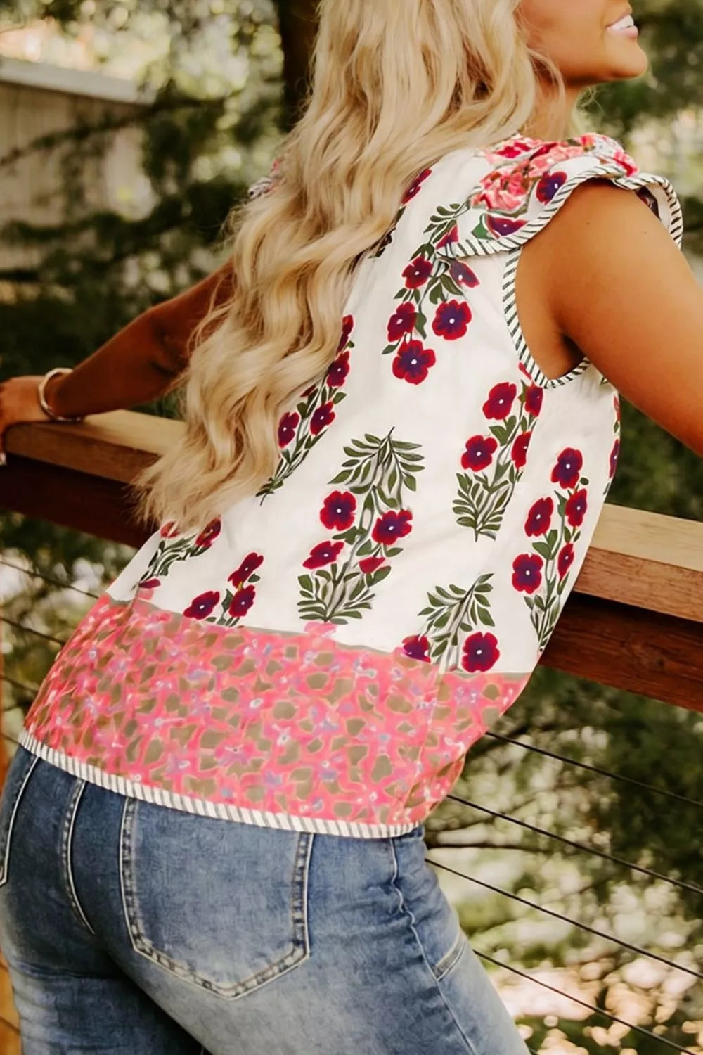 Floral Print Contrast Striped Trim Flutter Cotton Blouse