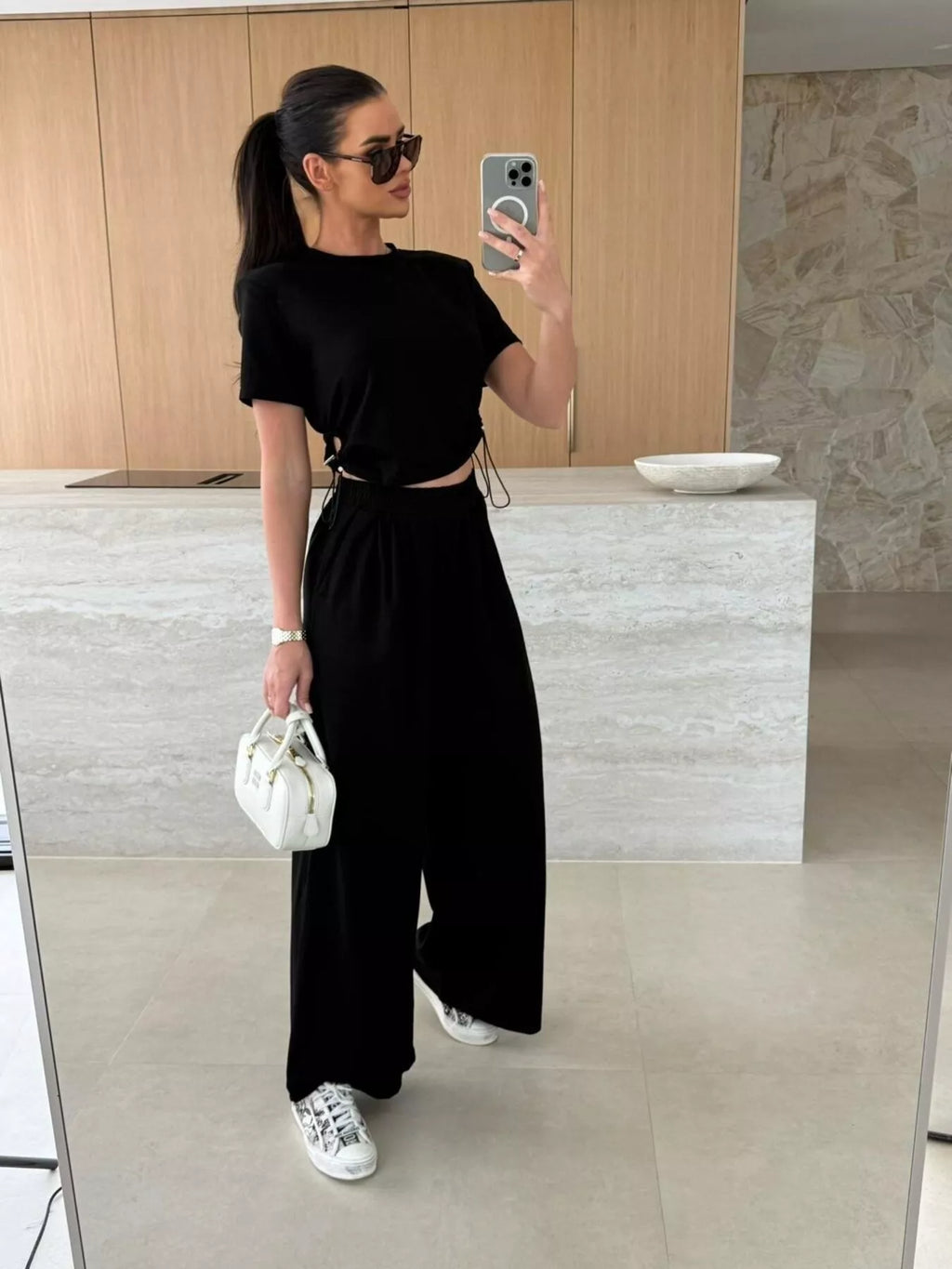 Drawstring Crop Top and Wide-Leg Pants Set