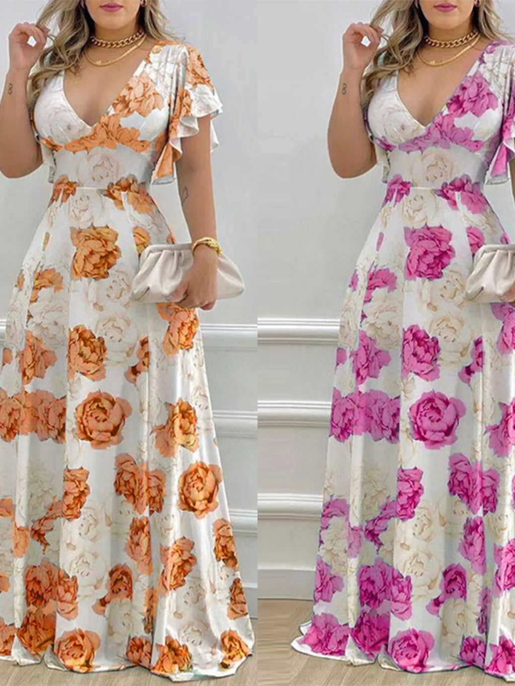 Floral Print V-Neck Ruffle Sleeve Maxi Dress