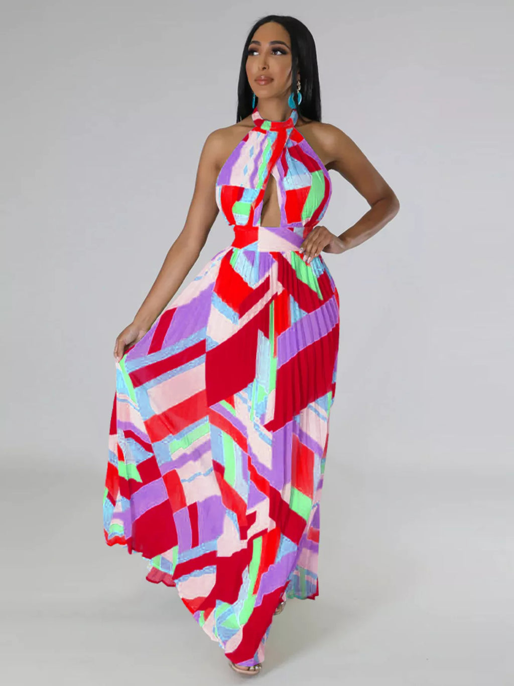 Halter Neck Geometric Print Pleated Maxi Dress