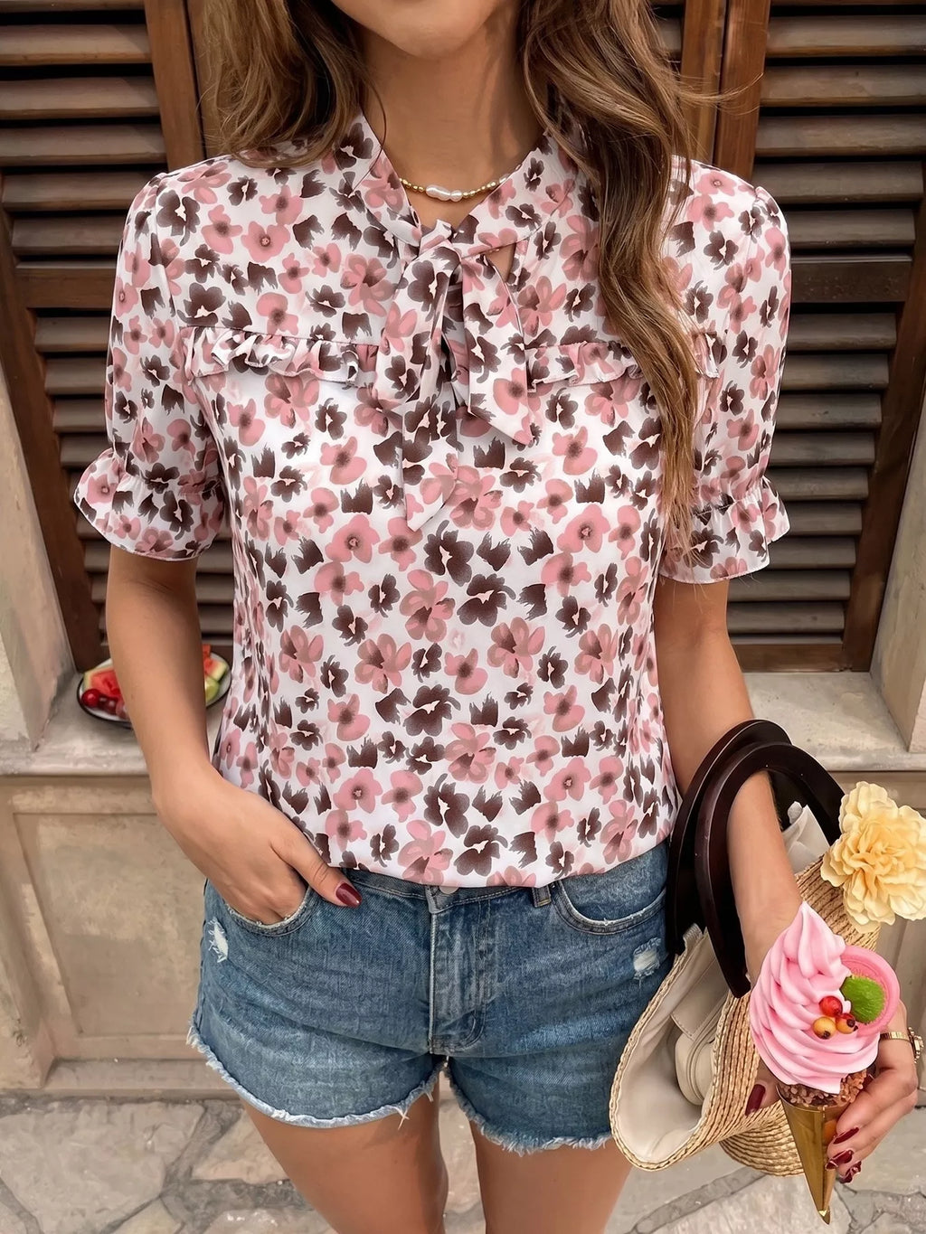 Floral Print Tie Neck Ruffle Blouse