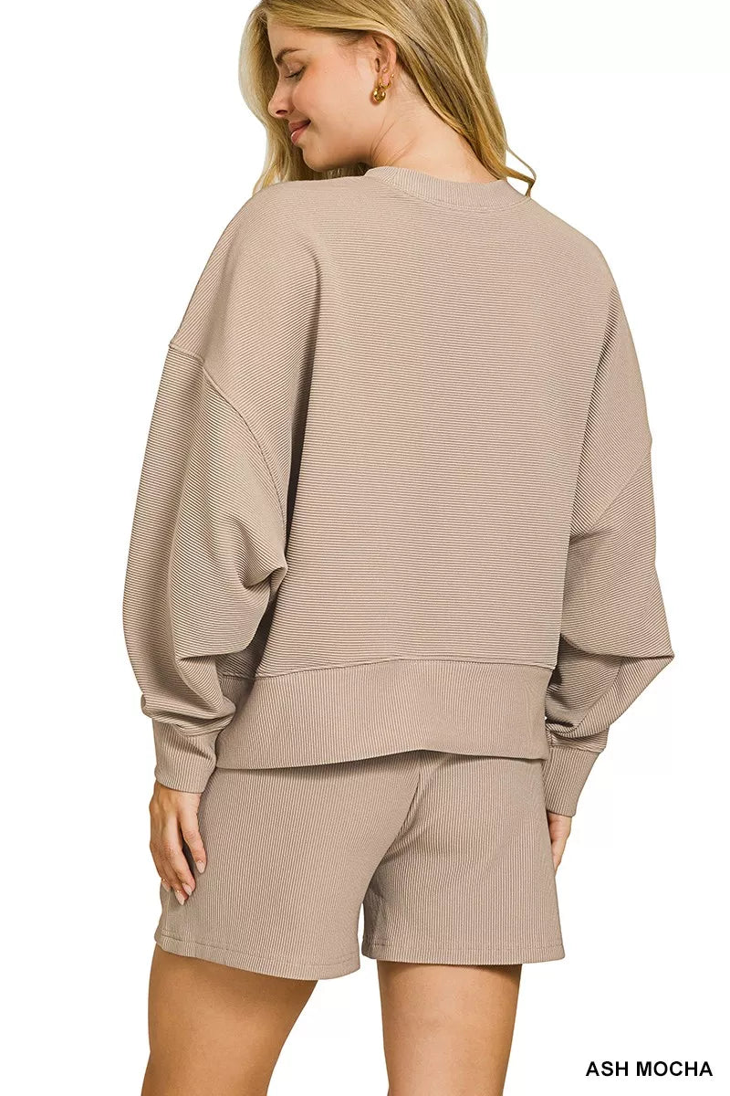 Zenana Ribbed Round Neck Pullover and Shorts Set