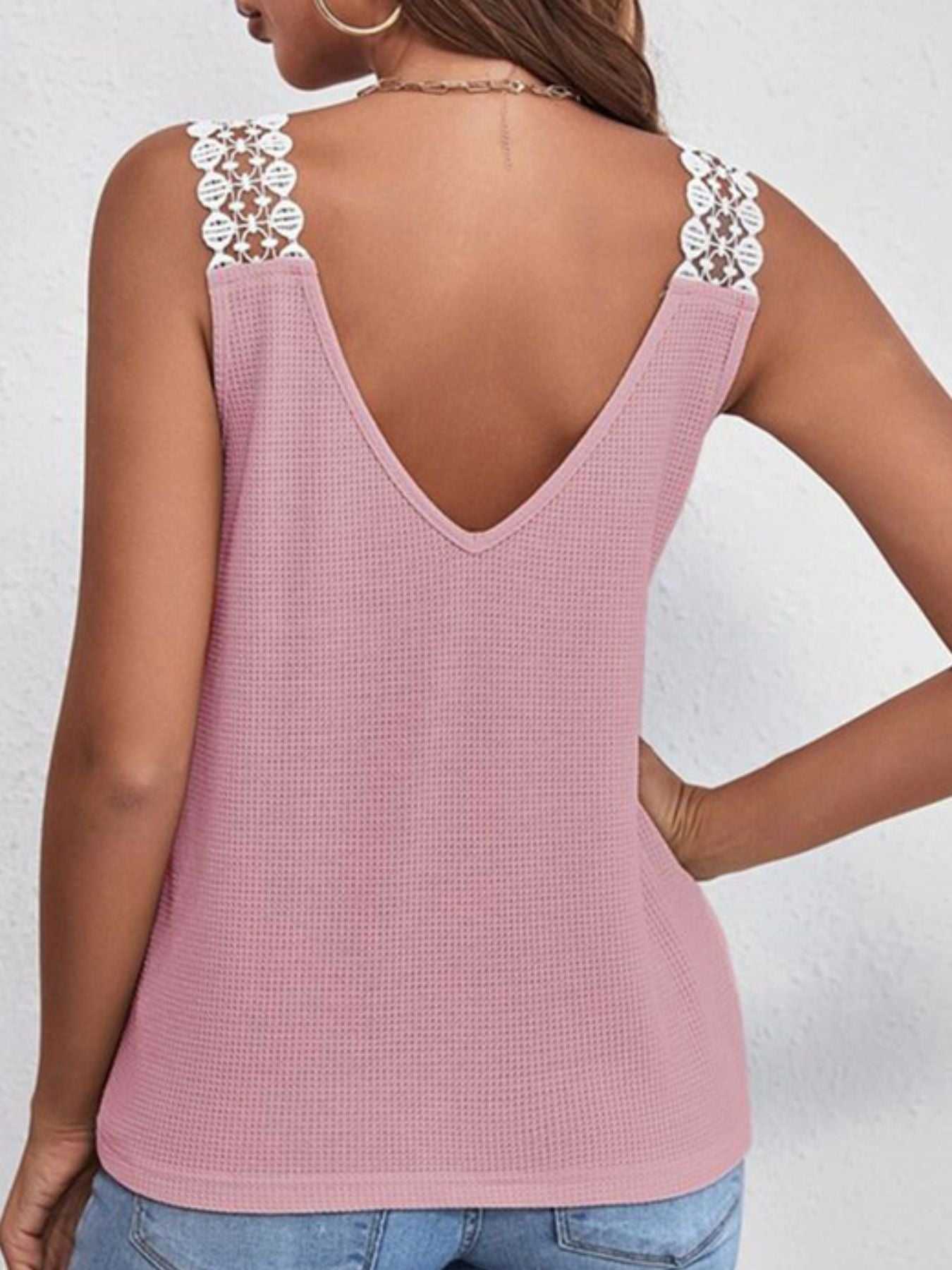 Full Size Lace Trim V-Neck Waffle Knit Tank Plus Size