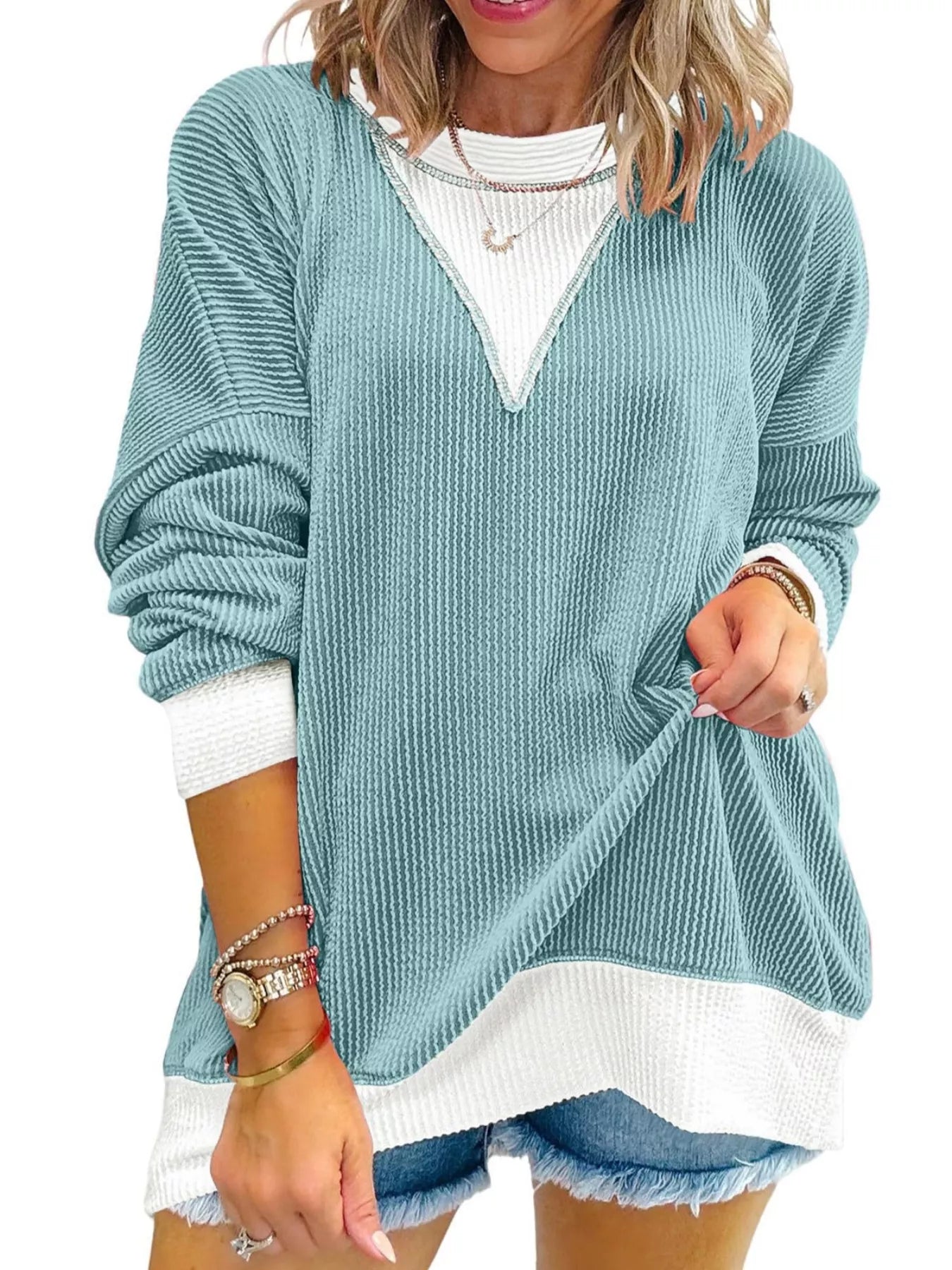 Two-Tone Ribbed Knit Sweatshirt