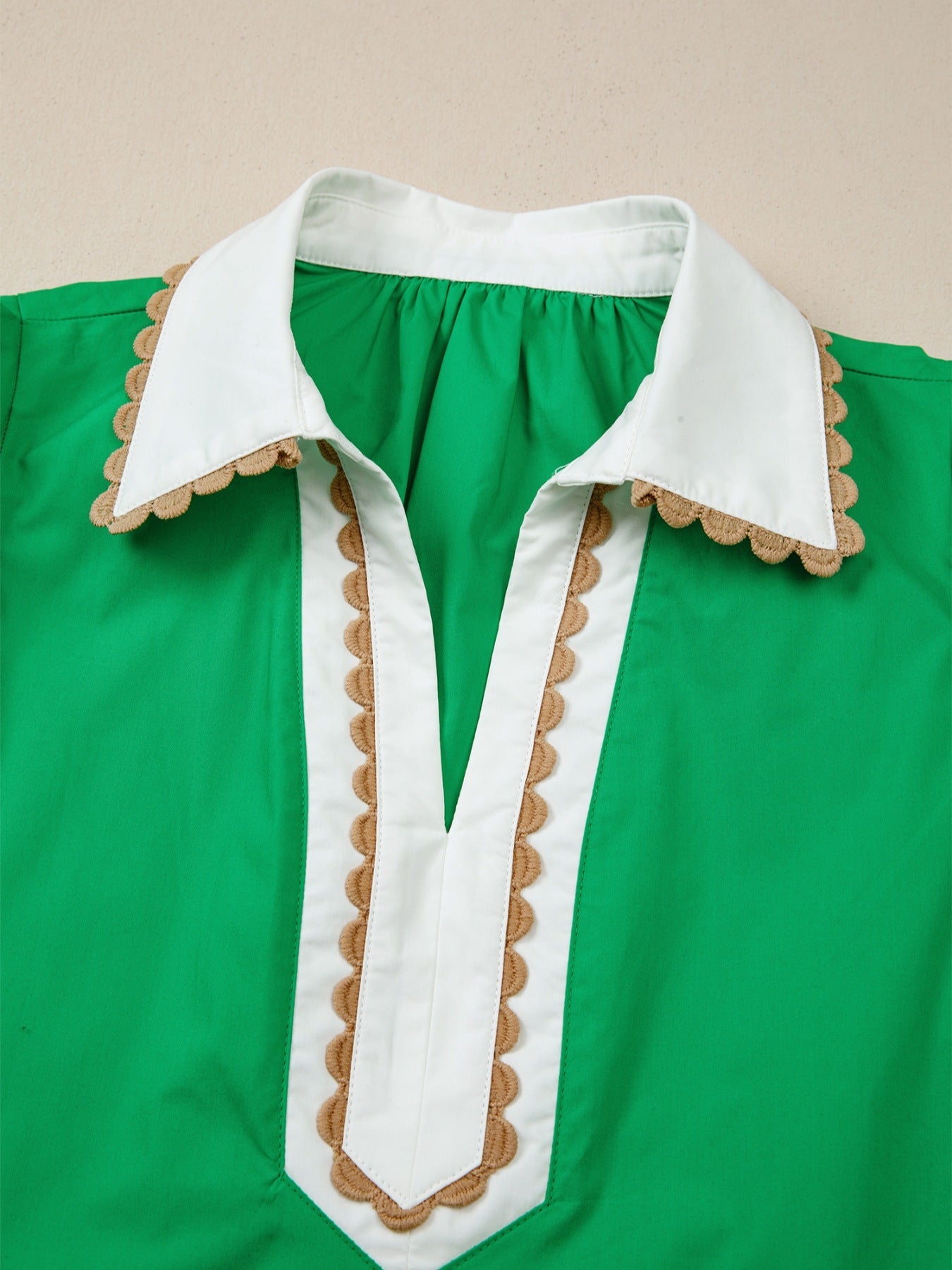 Ricrac Trim Color Block Patchwork Shirt Collar Short Sleeve Blouse