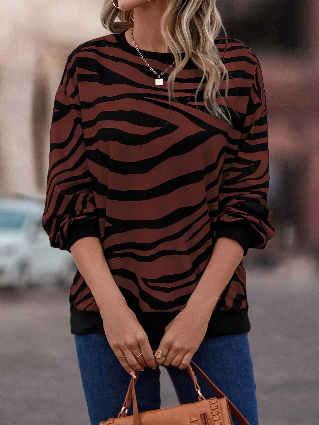 Zebra Print Round Neck Casual Sweatshirt