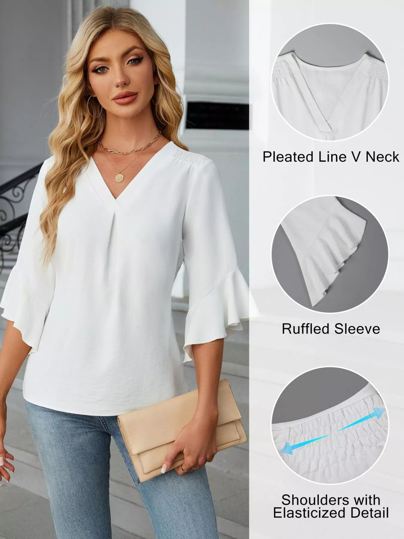 V-Neck Ruffle Sleeve Blouse