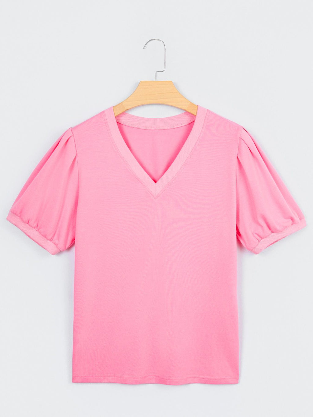 Solid Color V Neck Short Puff Sleeve Blouse