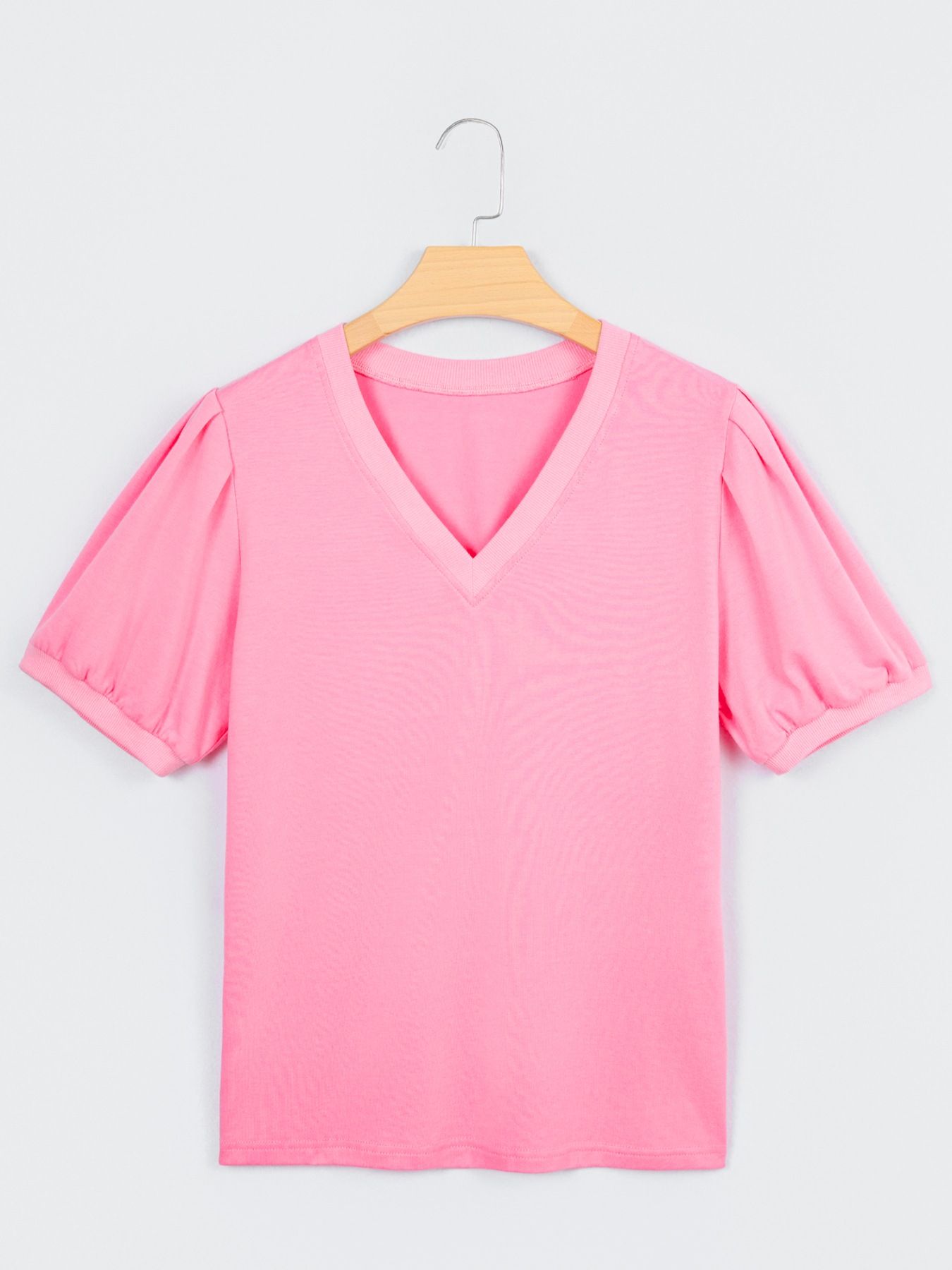 Solid Color V Neck Short Puff Sleeve Blouse