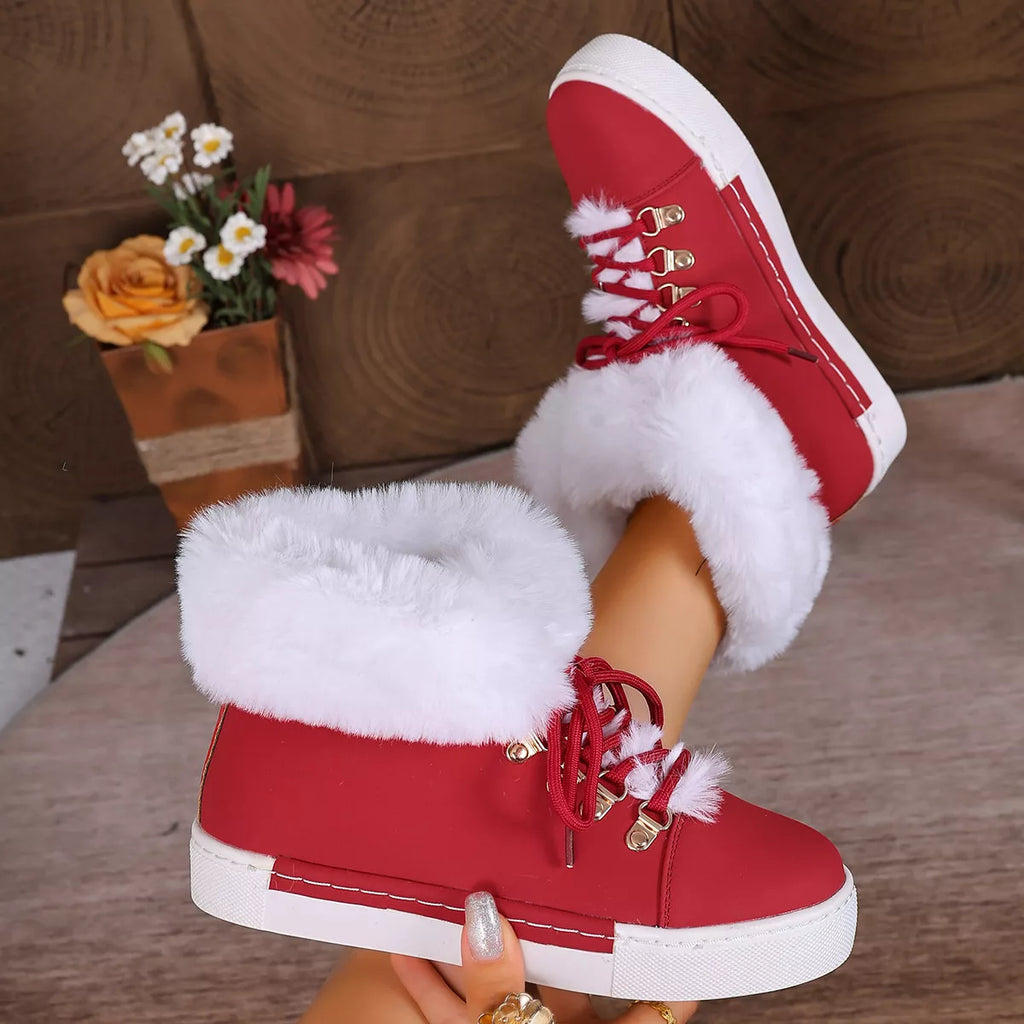 Fuzzy Trim Lace-Up Ankle Boots