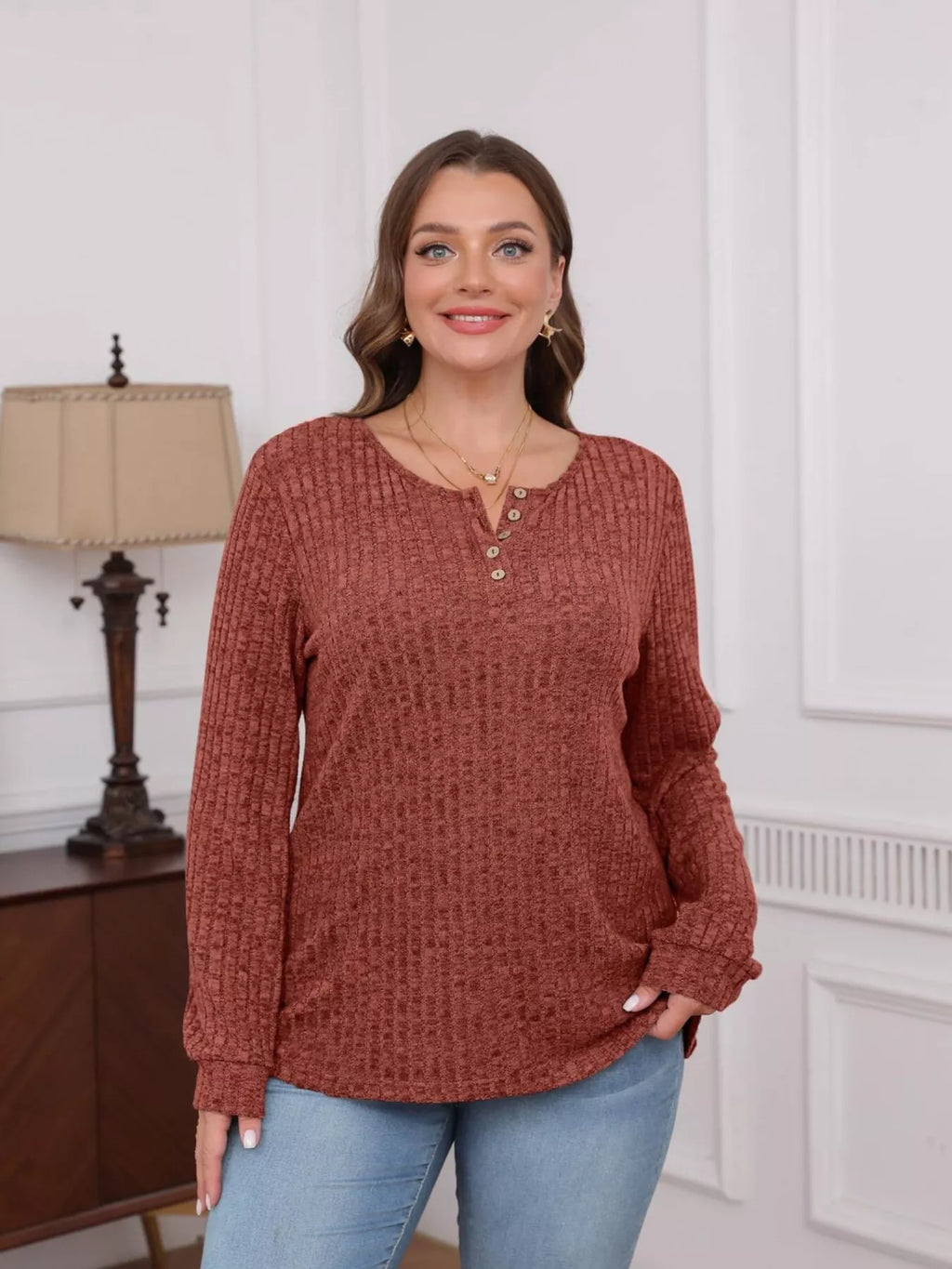 Ribbed Knit Button-Front Long Sleeve T-Shirt