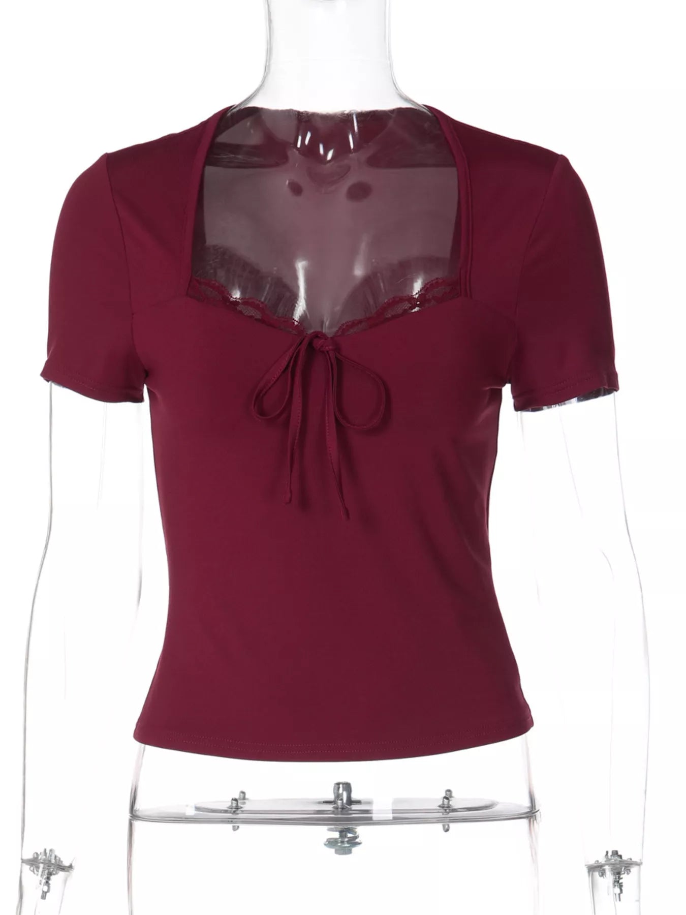 Sweetheart Neck Lace Trim Tie-Front T-Shirt