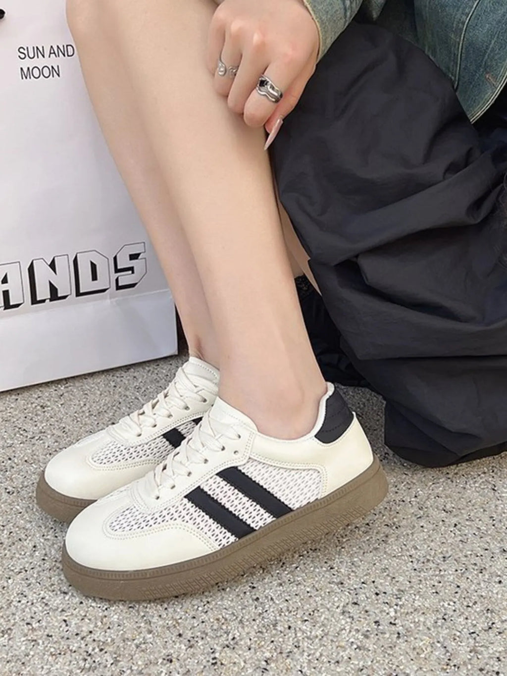 Ivory Mesh & PU Leather Lace Up Platform Sneakers