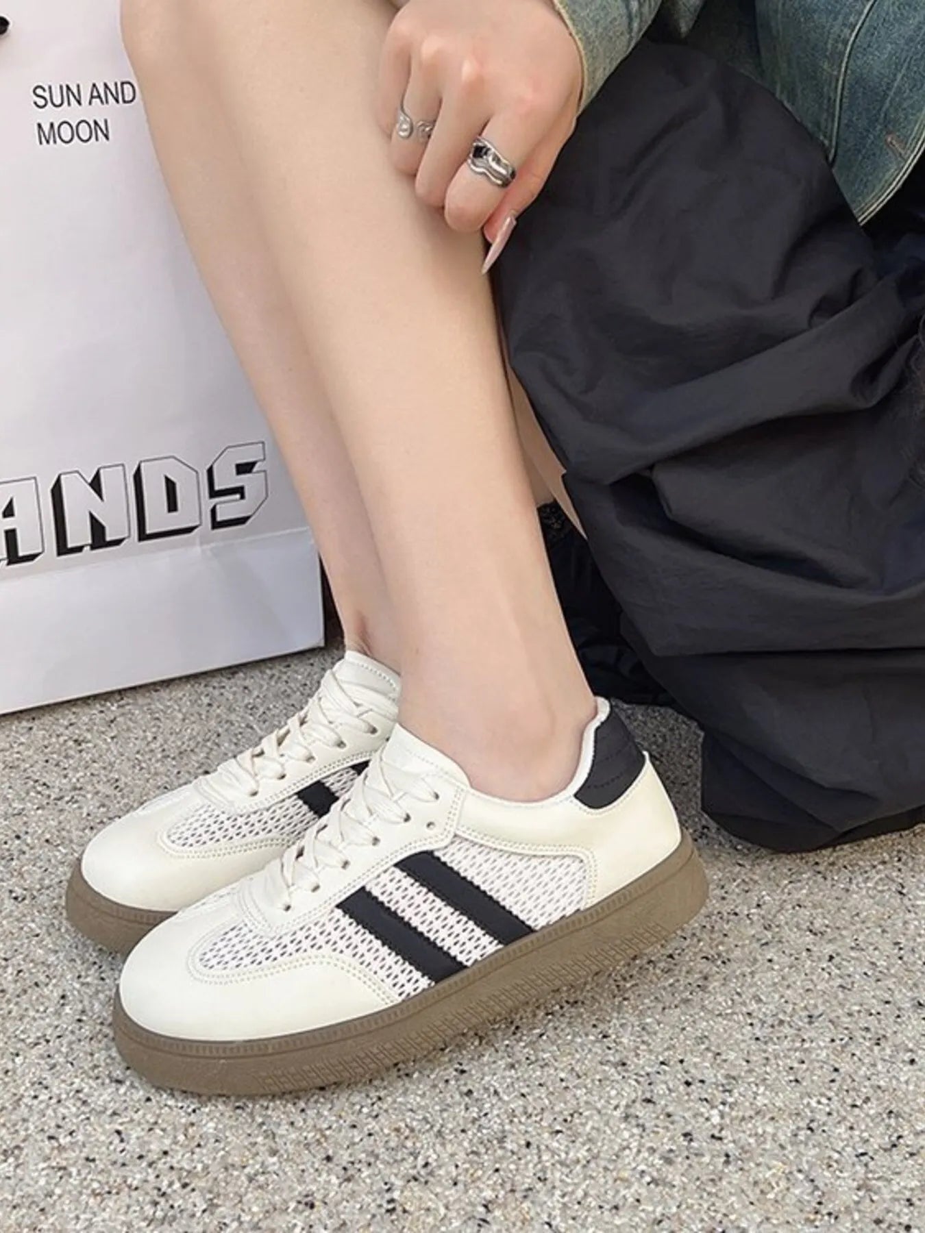 Ivory Mesh & PU Leather Lace Up Platform Sneakers