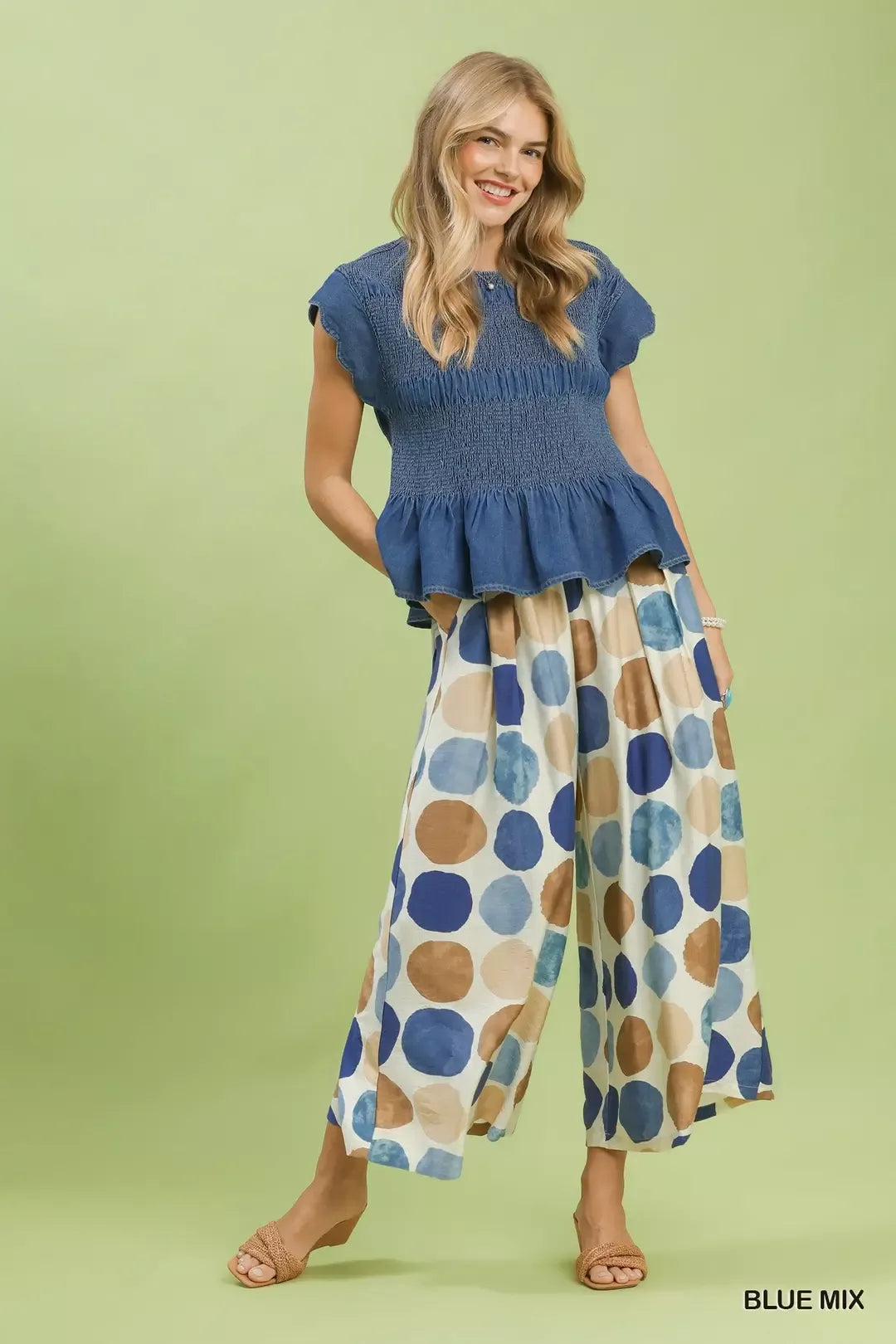 Umgee Dot Print Wide Leg Pants