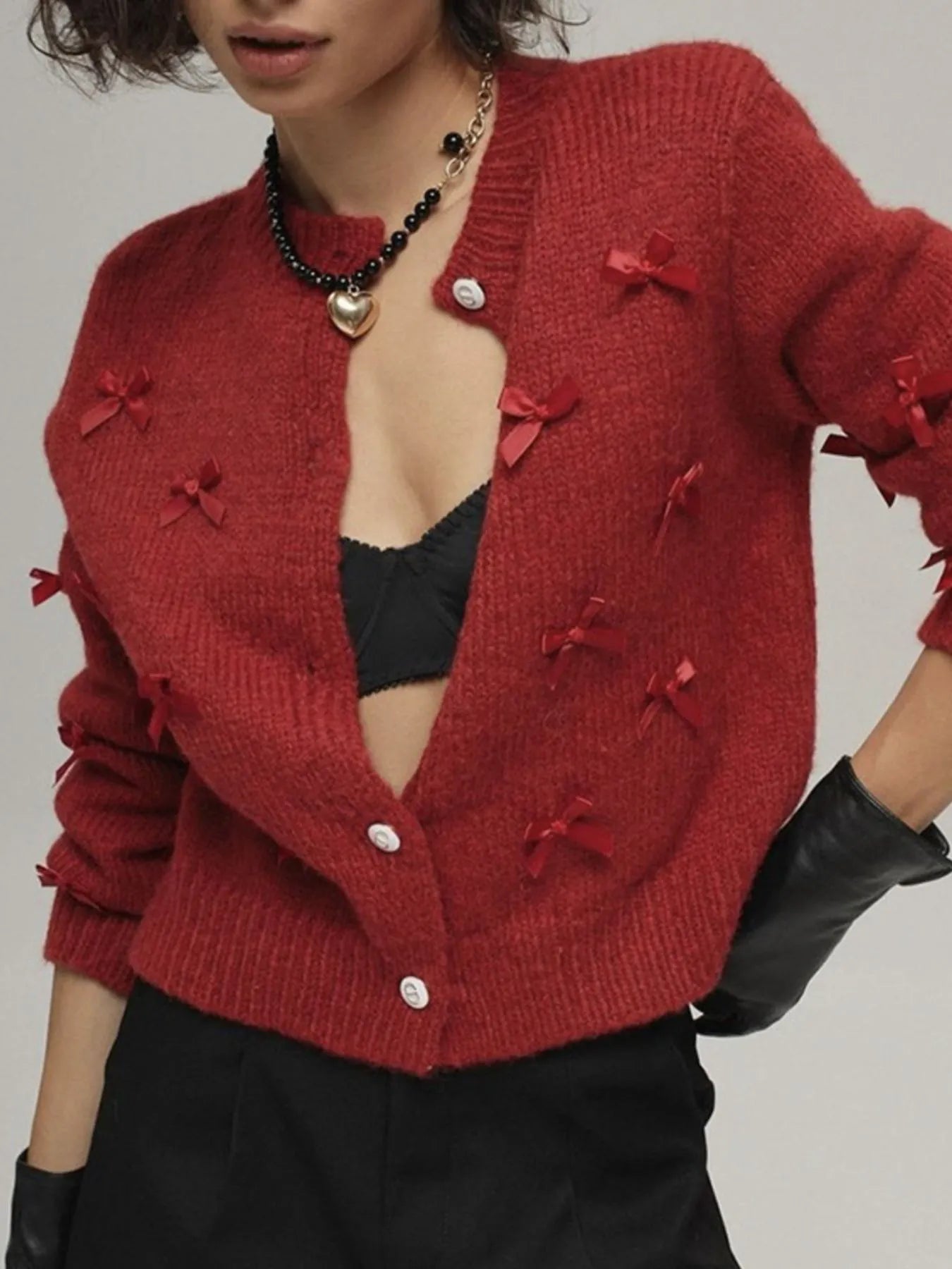 Bow Button Up Long Sleeve Cardigan