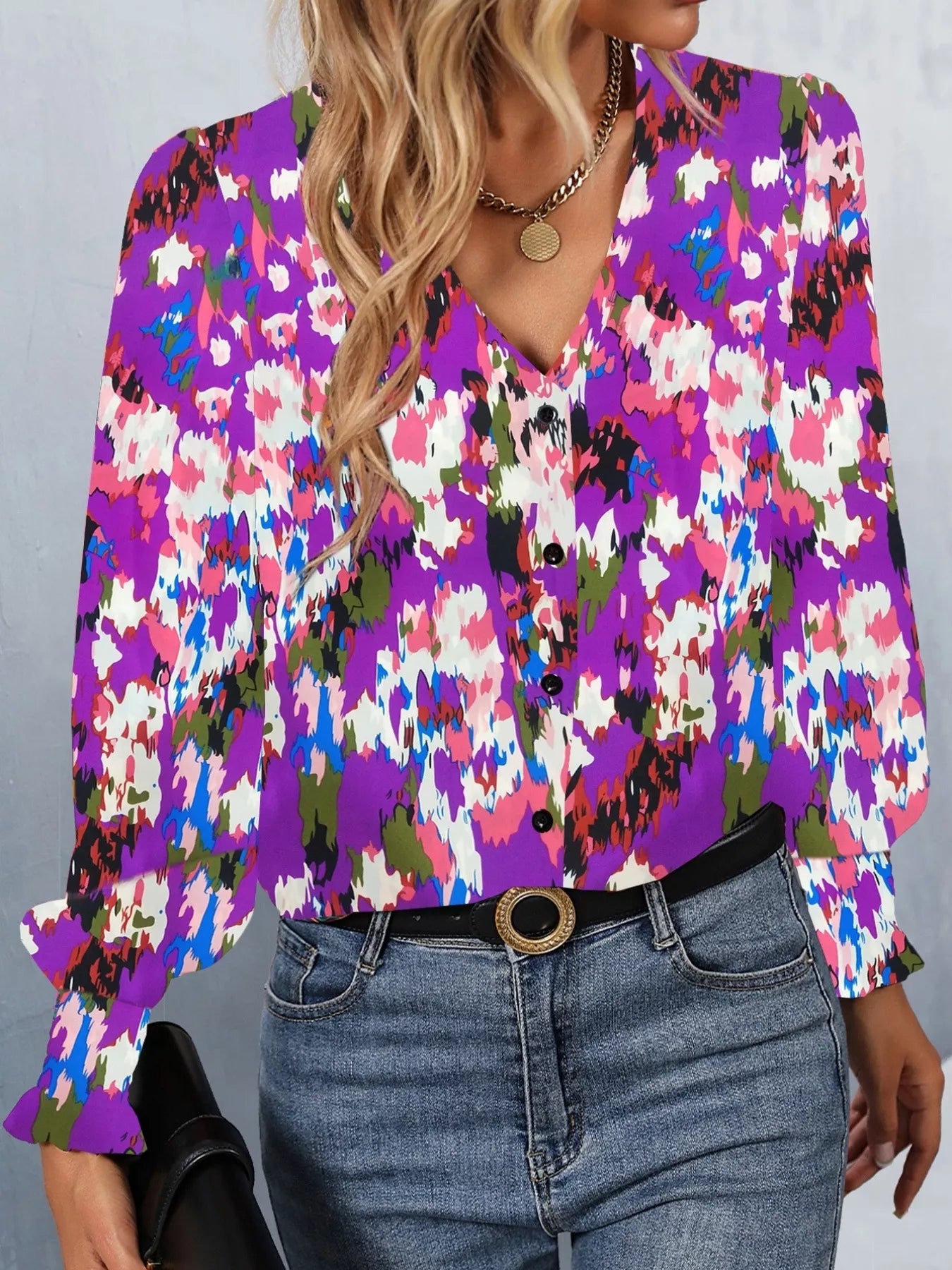Printed Button Up Long Sleeve Shirt