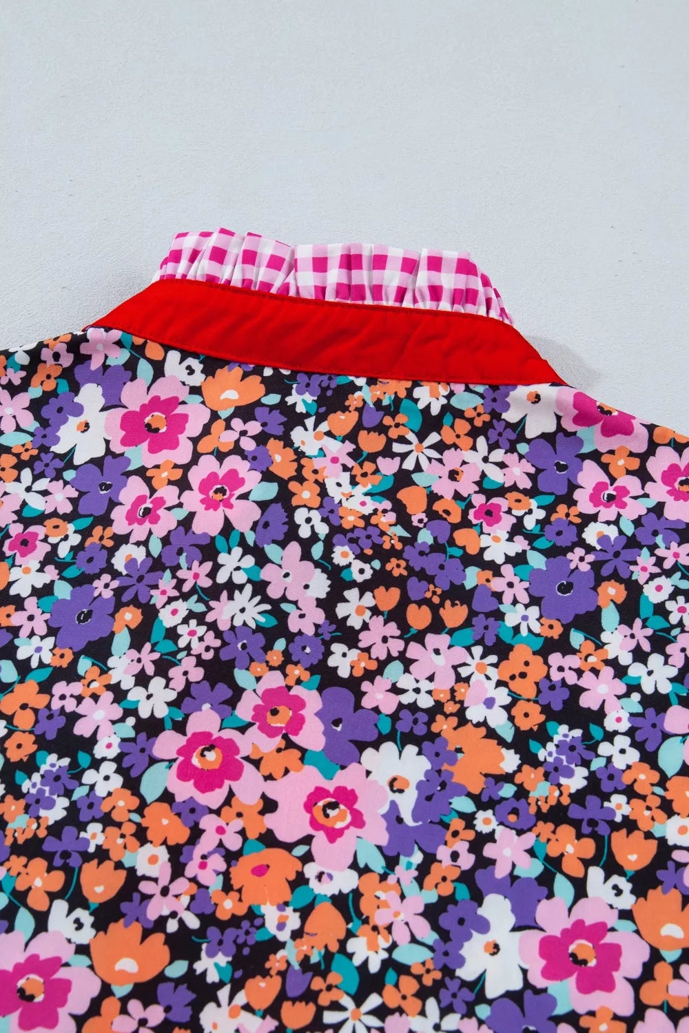 Ditsy Floral Print Plaid Colorblock Trim V Neck Blouse