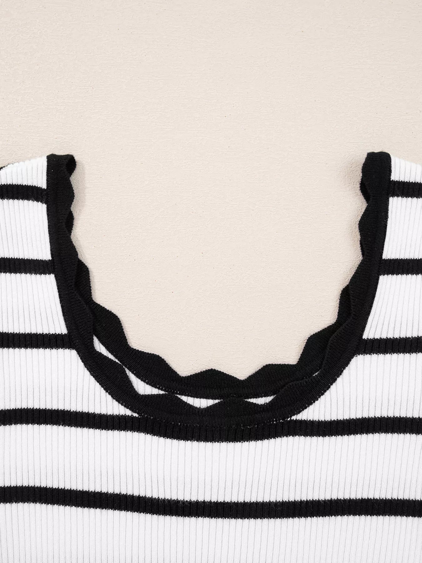 Scalloped Trim U Neck Striped Ribbed Slim Knit Top