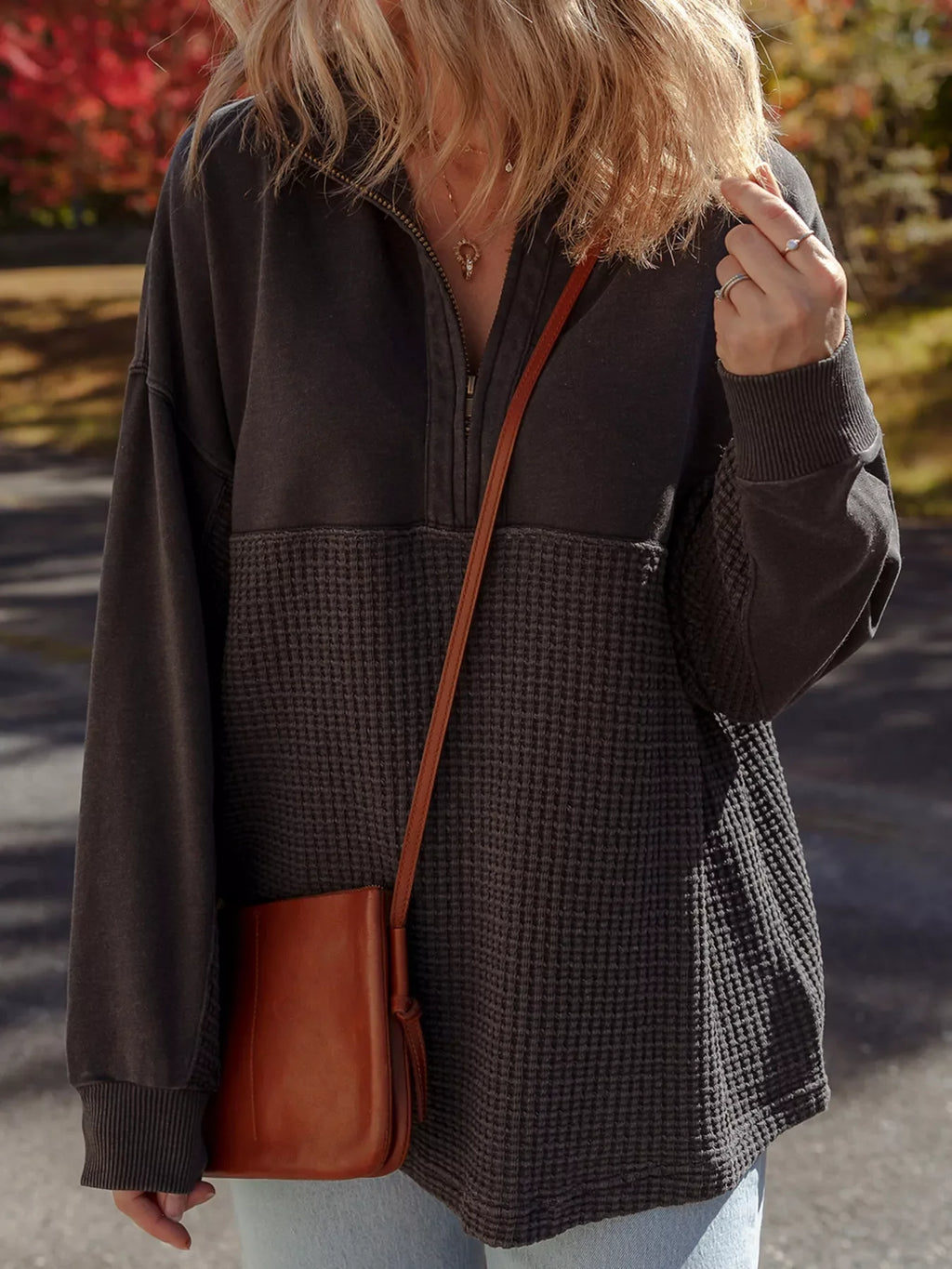 Waffle Knit Patchwork Half Zipped Casual Sweatshirt