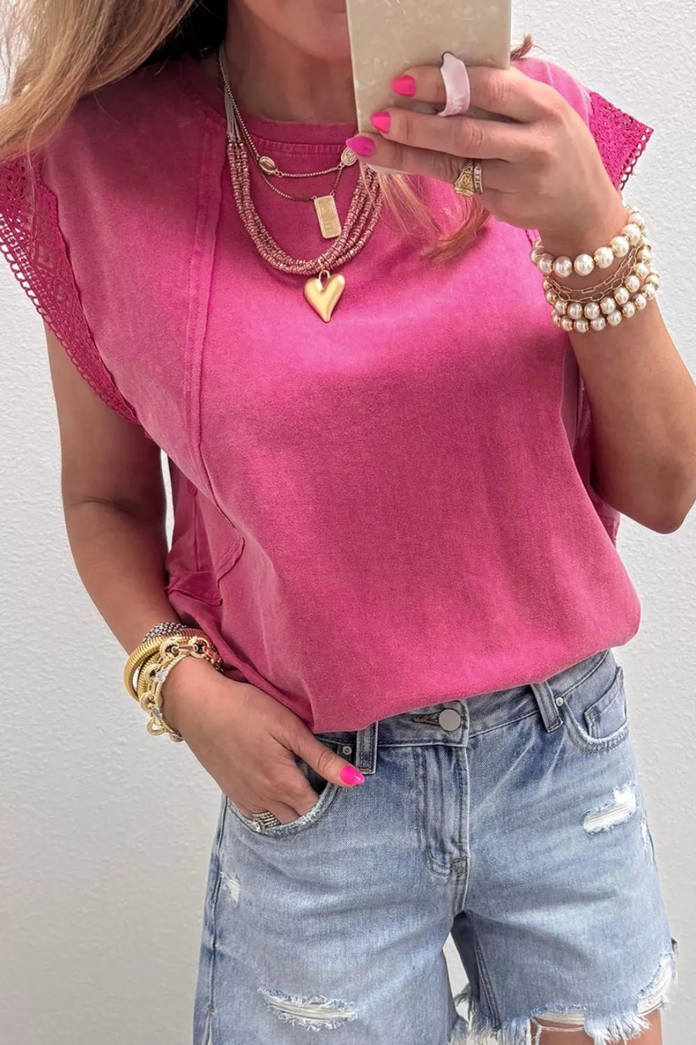 Mineral Wash Raw Seam Detail Lace Trim Cap Sleeve Top