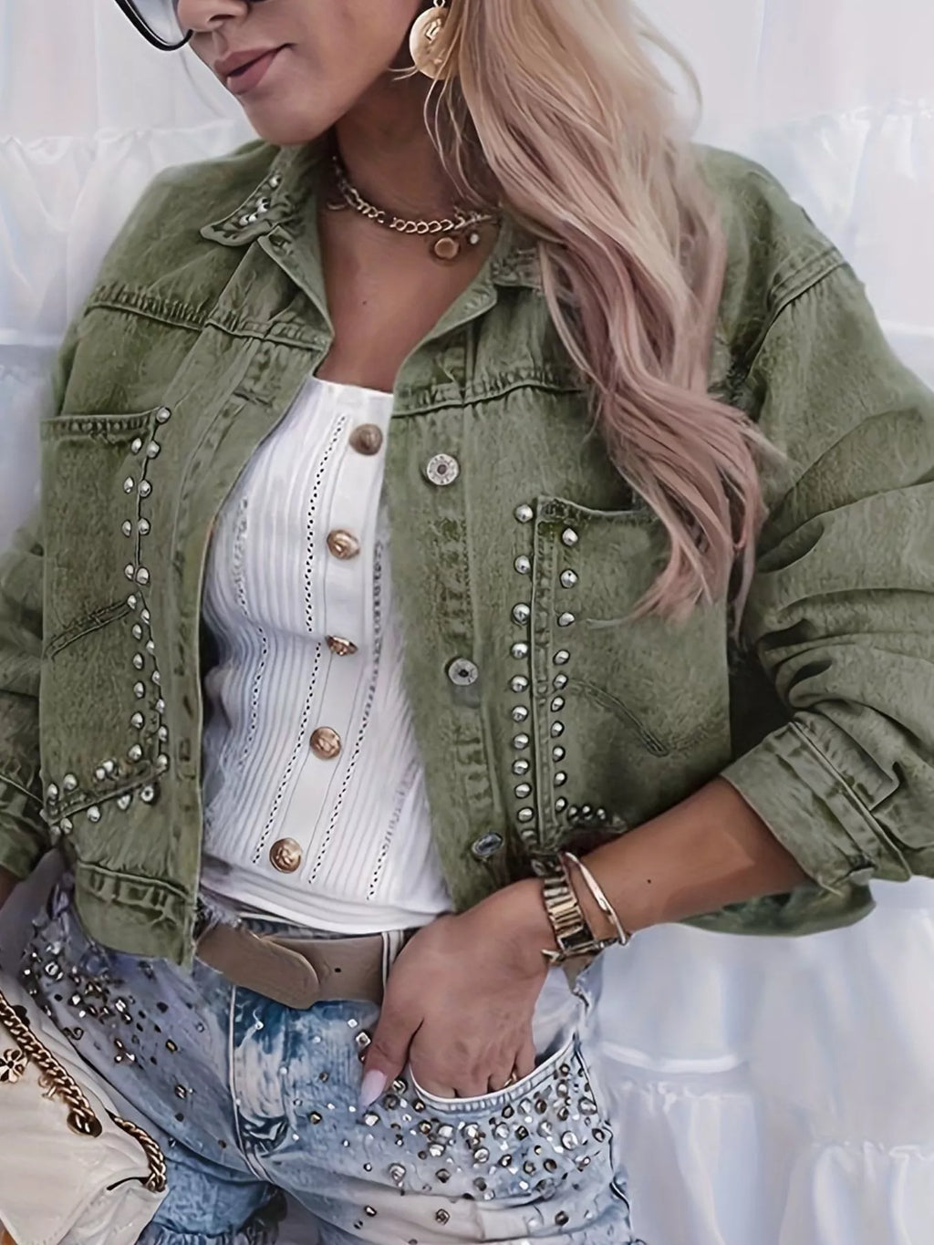 Studded Button Up Wash Denim Jacket