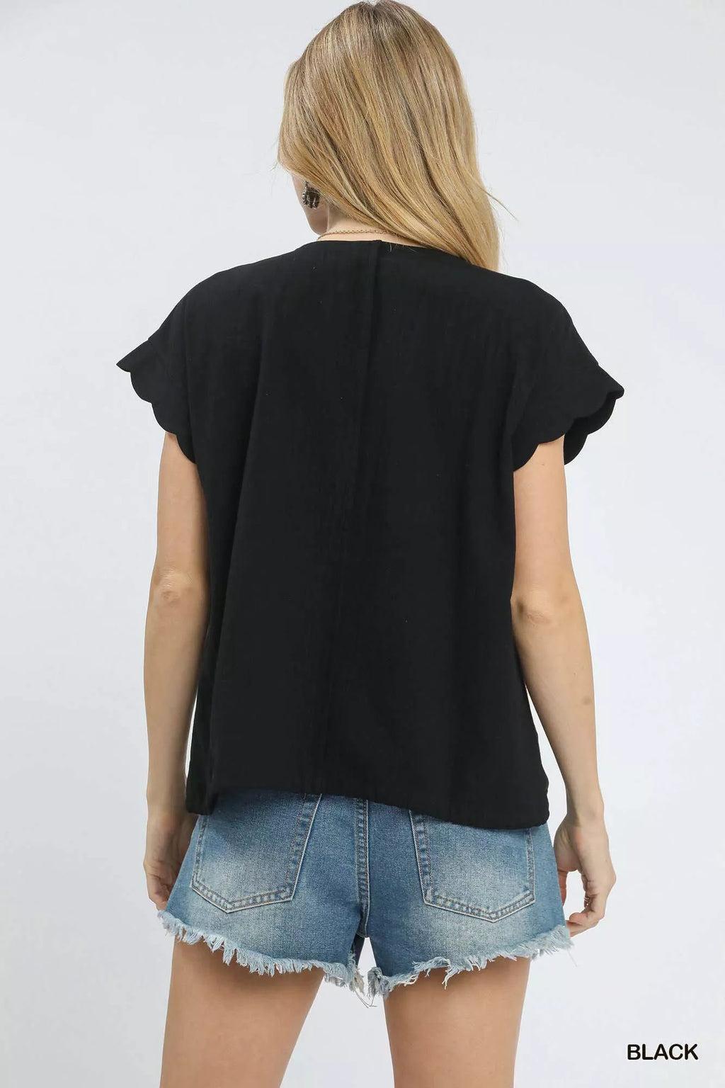 Umgee Embroidered Scallop Sleeve Top with Drawstring Hem