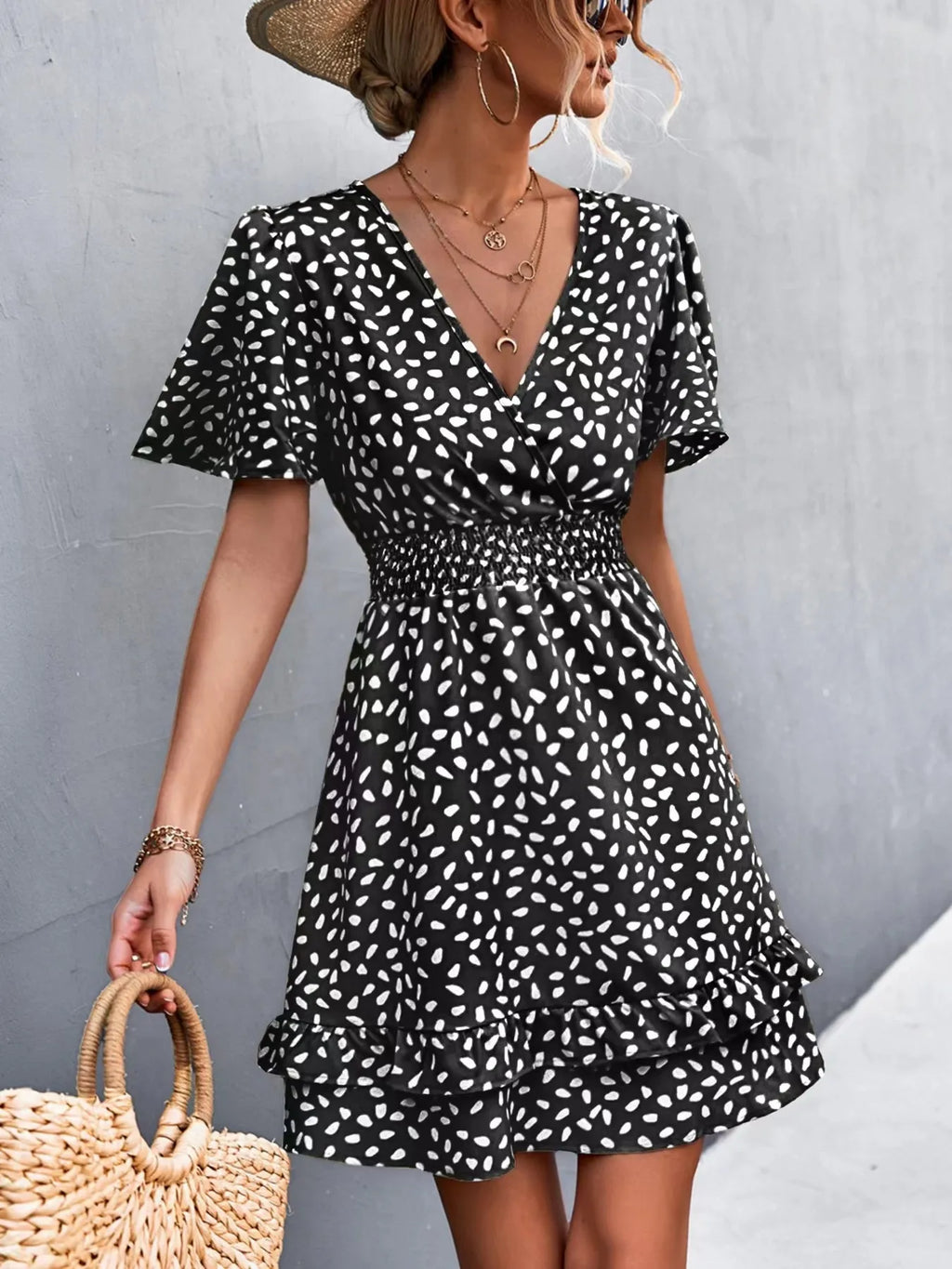 V-Neck Flutter Sleeve Mini Dress