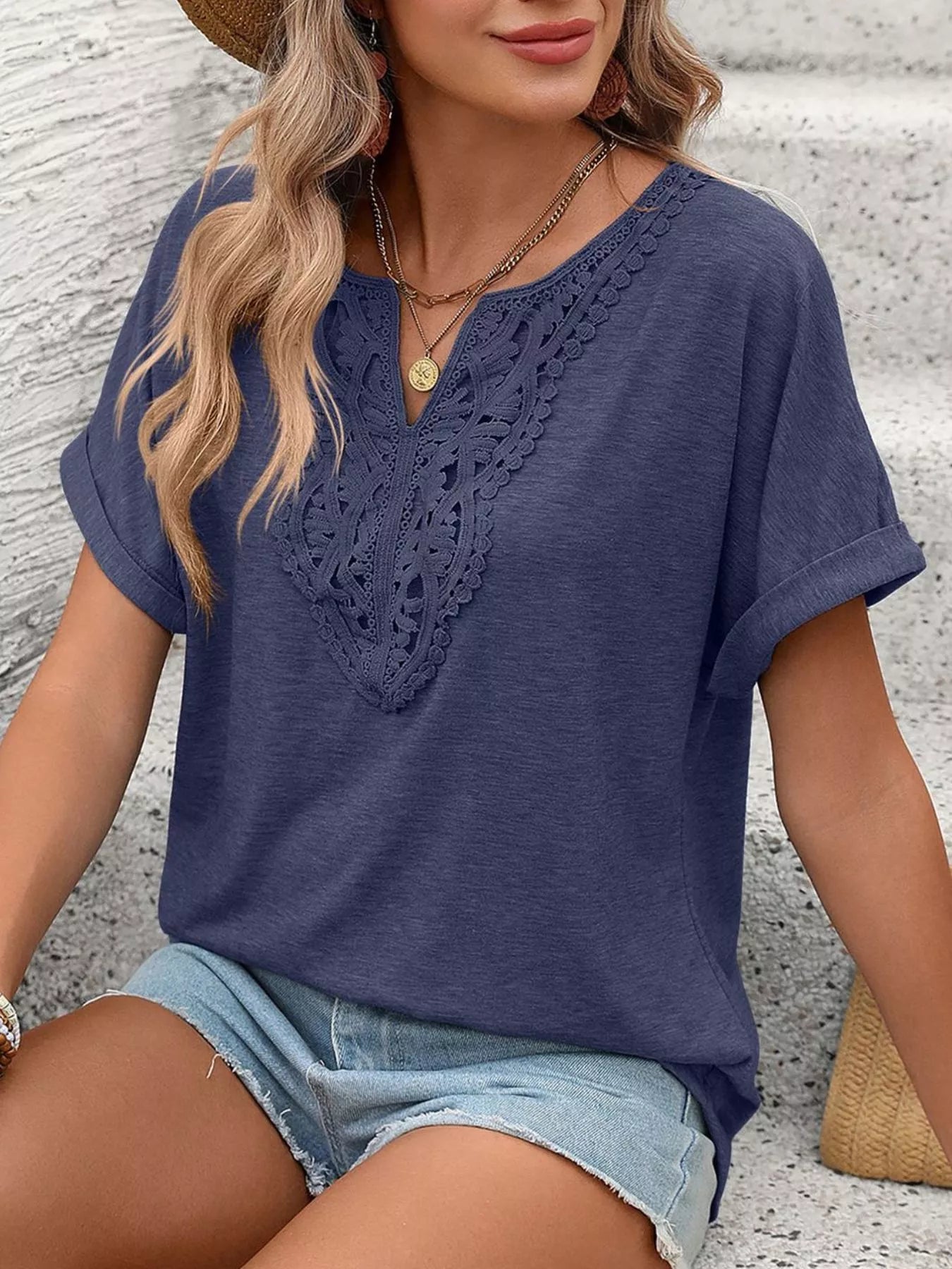 Lace Trim Short Sleeve T-Shirt