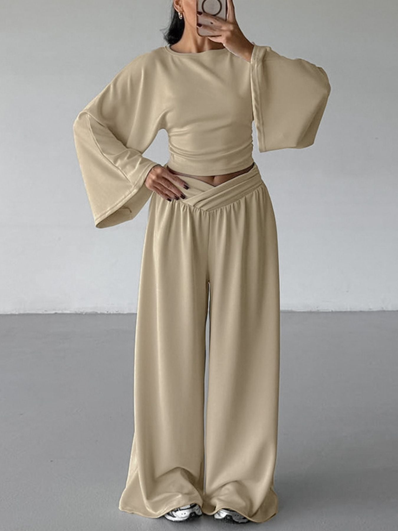 Round Neck Top and Wide Leg Pants Set