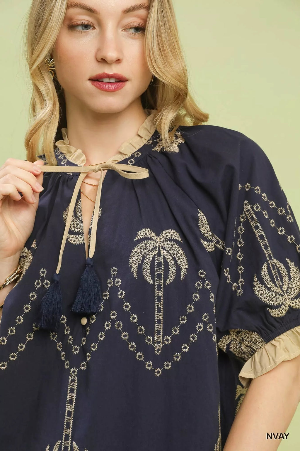 Umgee Embroidered Palm Print Tassel Tie Blouse