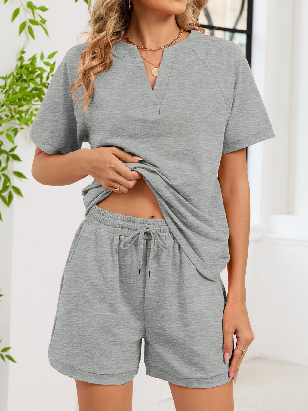 Notched Short Sleeve Top and Shorts Set