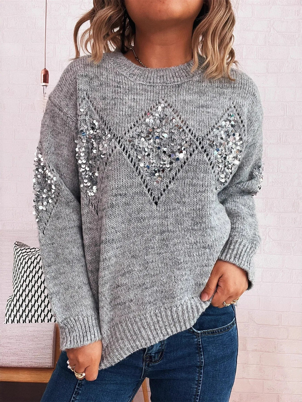 Sequined Diamond Pattern Oversized Sweater