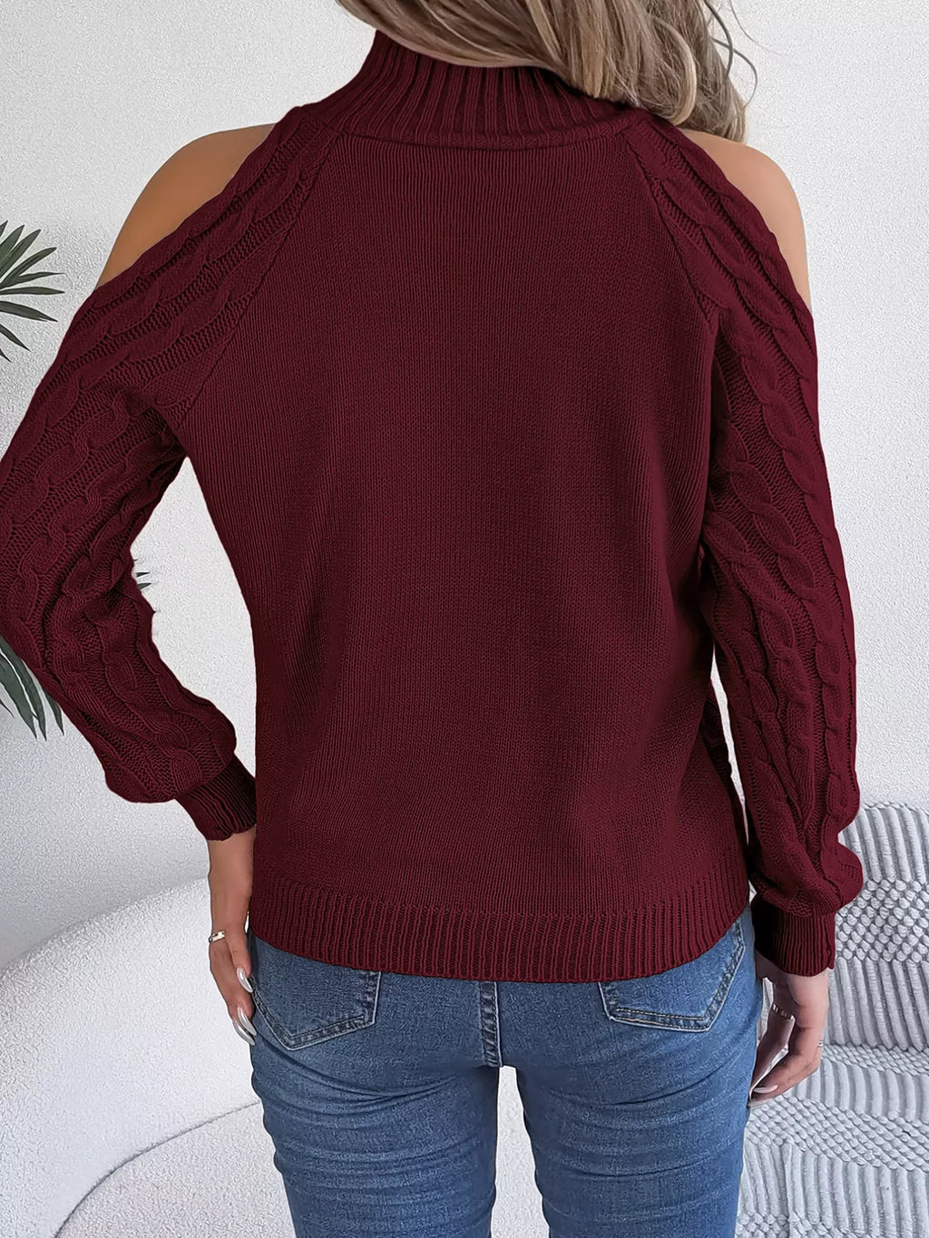 Cable Knit Cold Shoulder Turtleneck Sweater