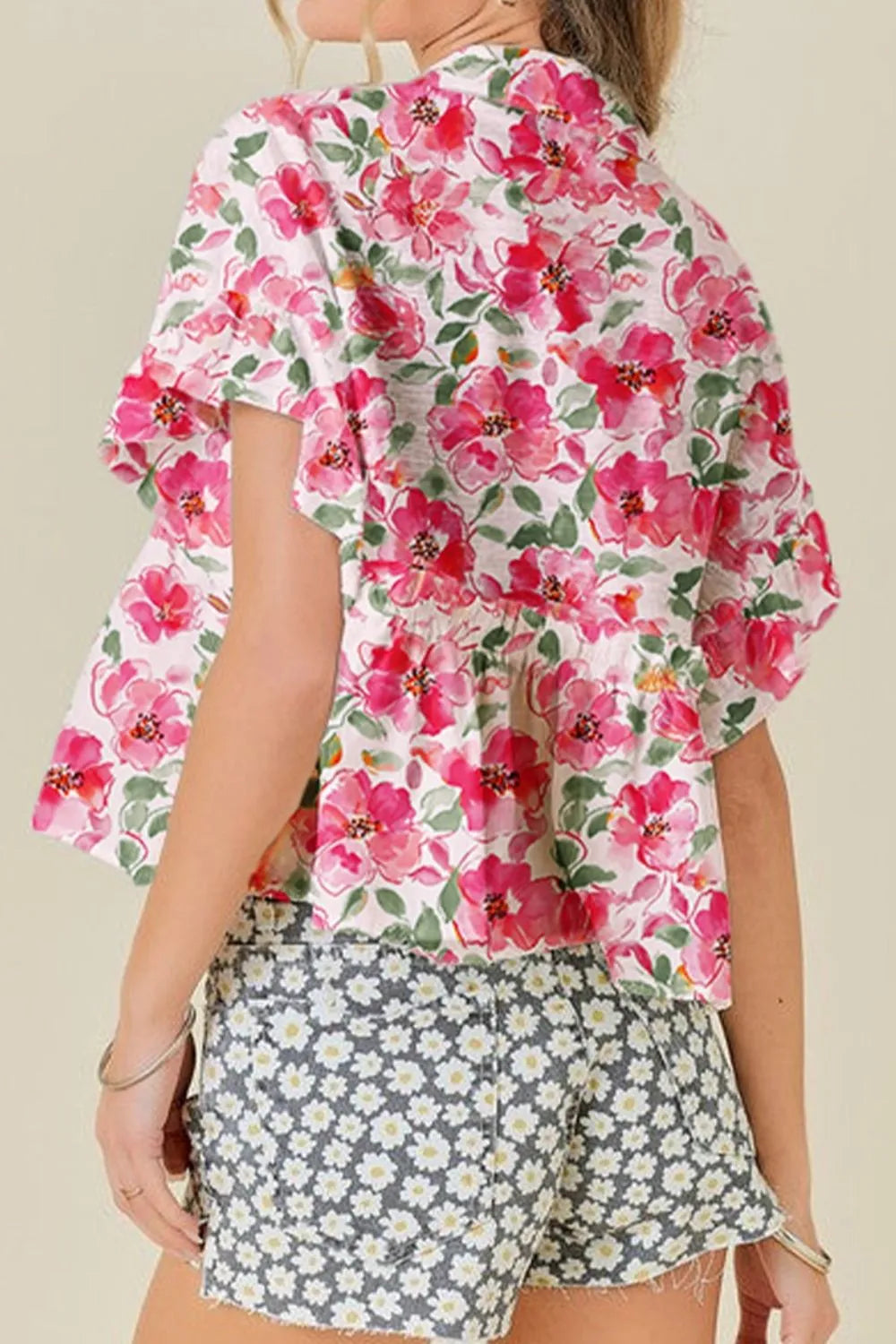 Floral Boxy Fit Ruffled Short Sleeve Blouse