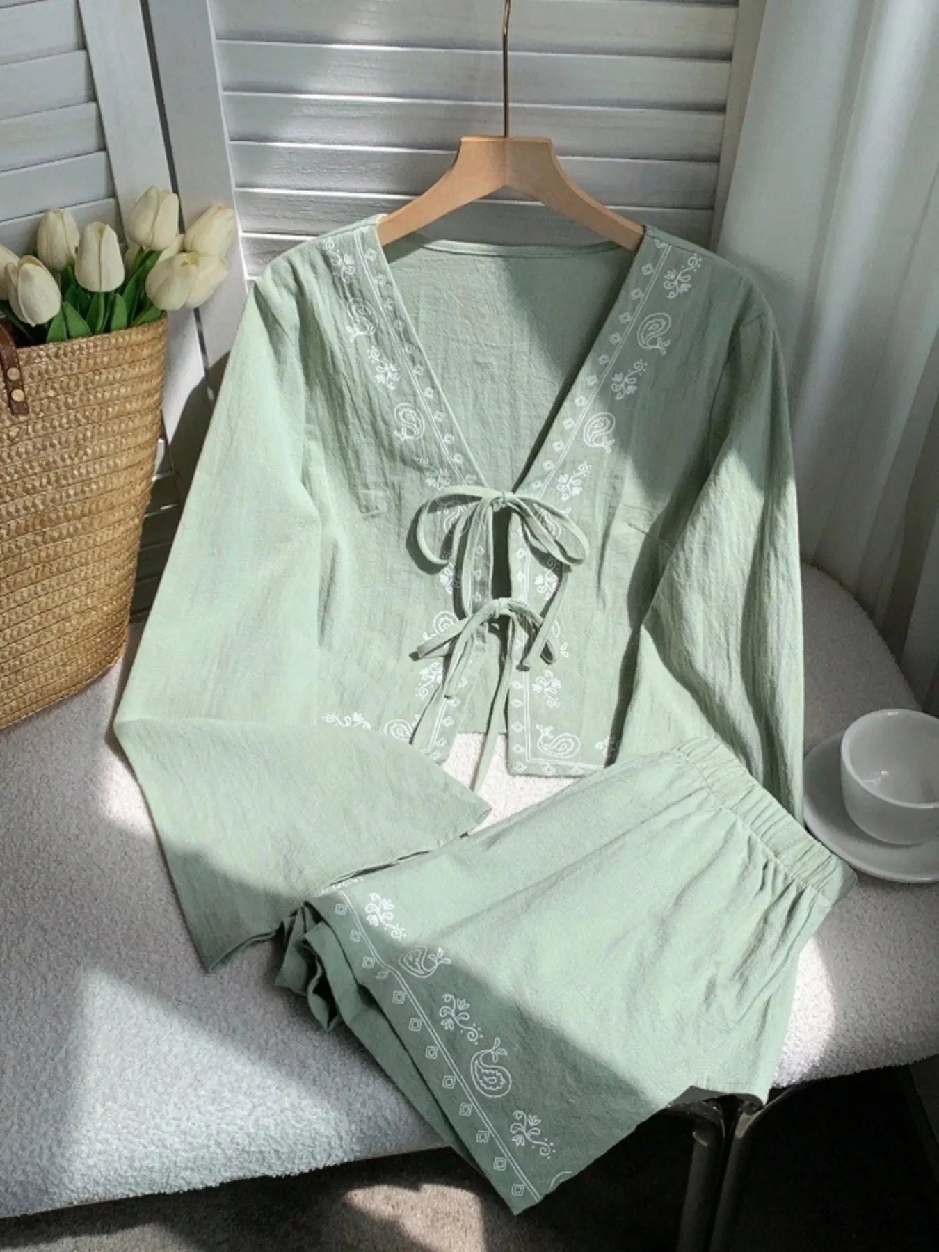 Embroidered Tie-Front Top & Shorts Set