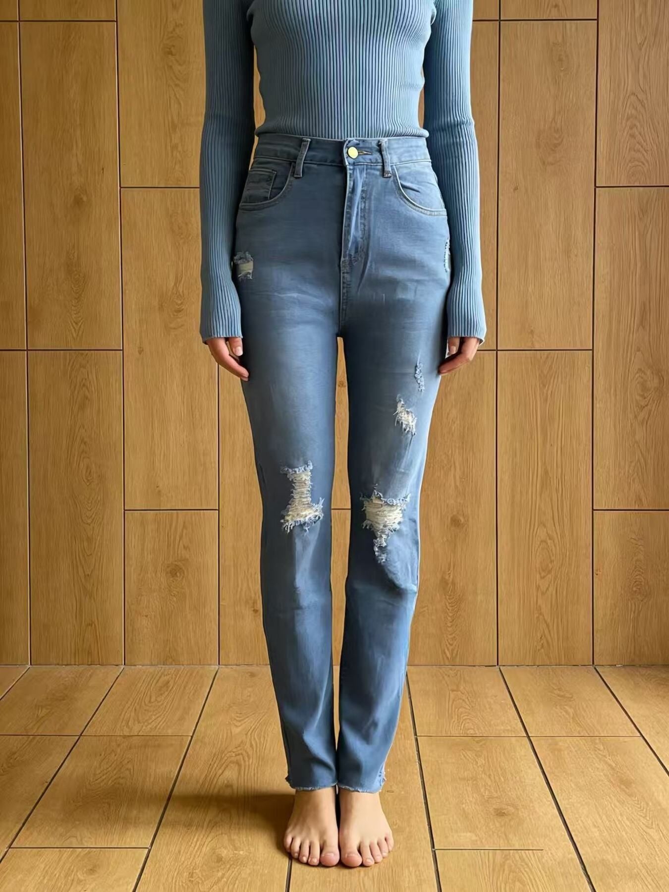 High-Waisted Distressed Jeans