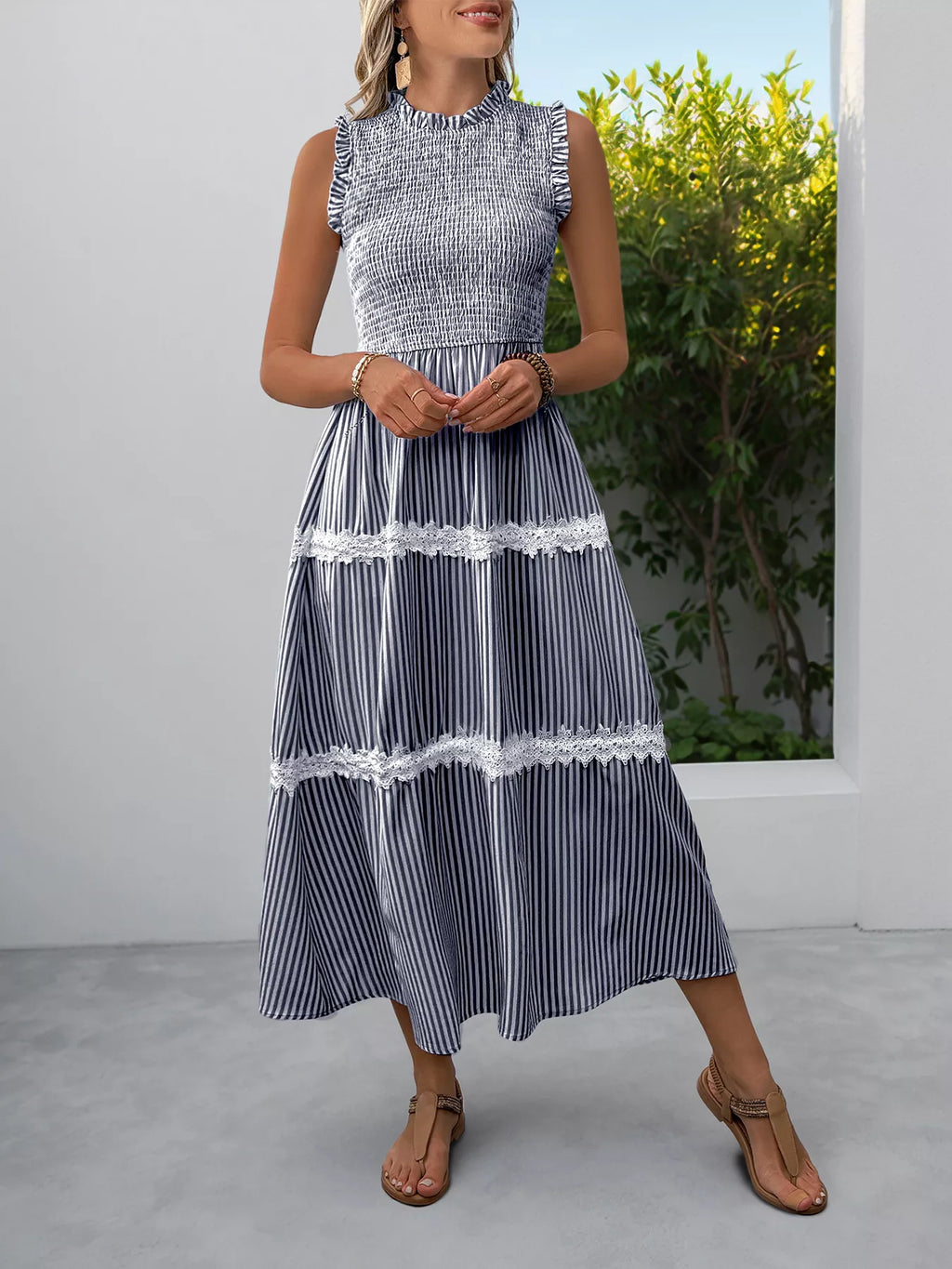 Smocked Striped Lace Trim Sleeveless Midi Dress