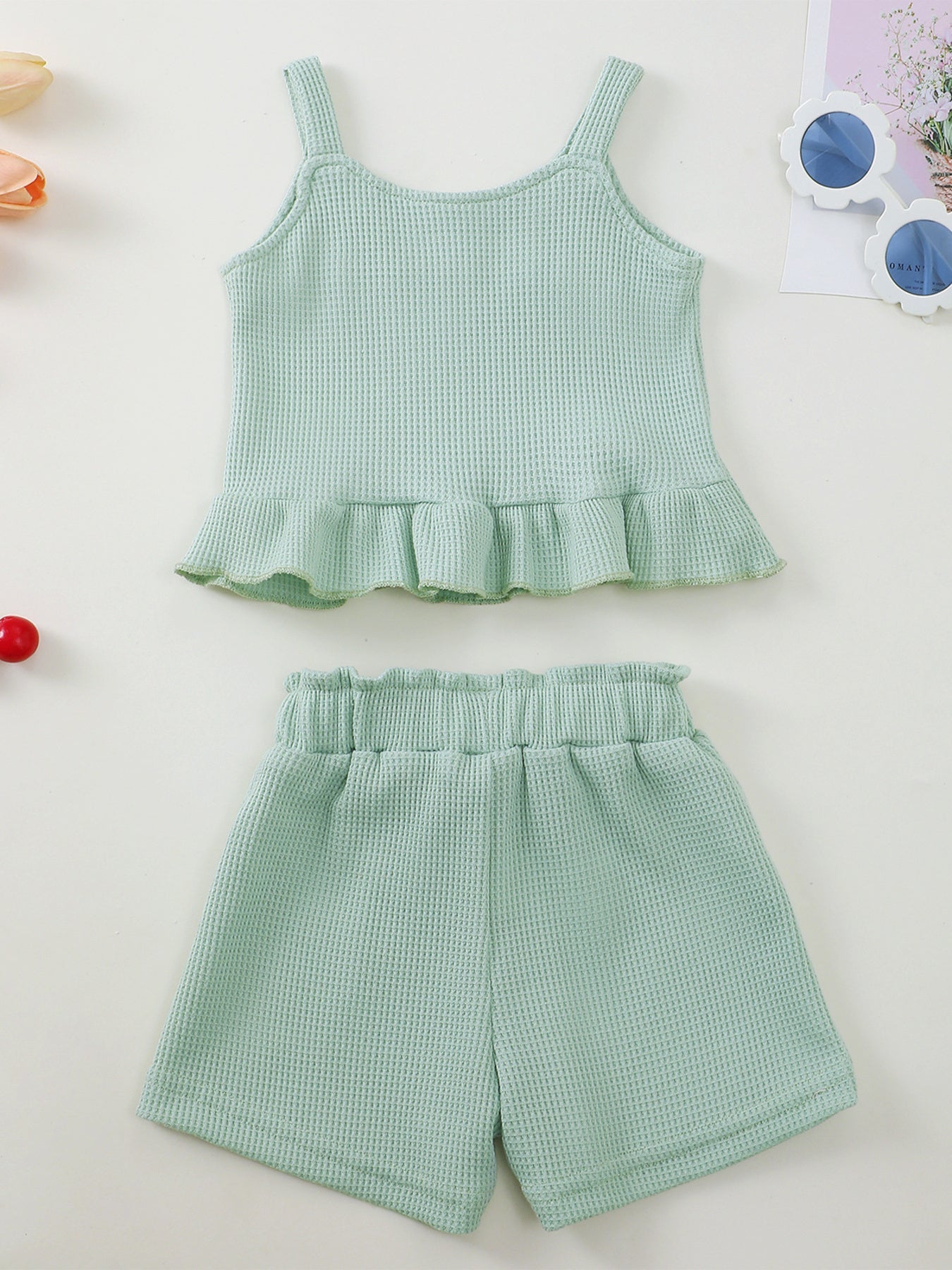 Children's Waffle Knit Tank Top and Bow Shorts Set