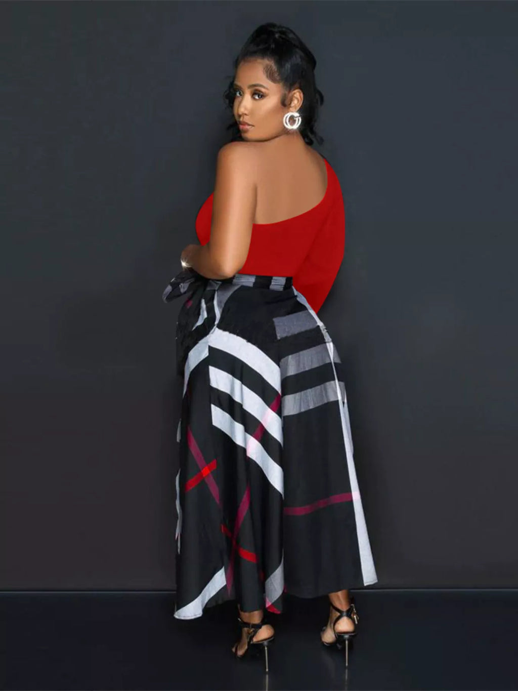 Asymmetrical One-Sleeve Plaid Midi Dress with Waist Tie