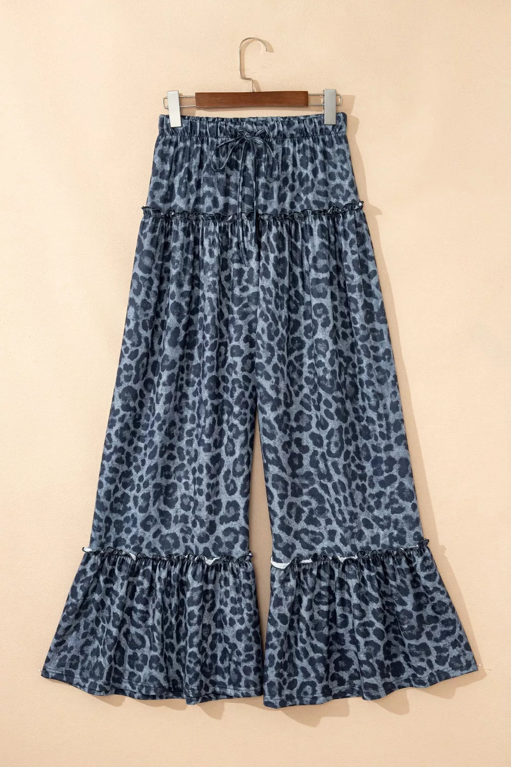 Leopard Print Frilled Detail Drawstring Wide Leg Pants