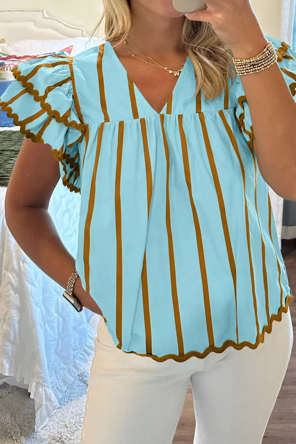 Stripe Ricrac Trim Double Ruffled Short Sleeve V Neck Blouse
