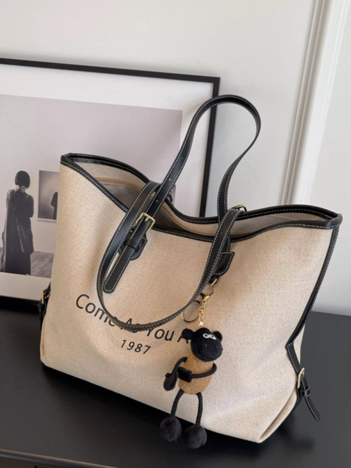 Canvas Tote Shoulder Bag with Charm