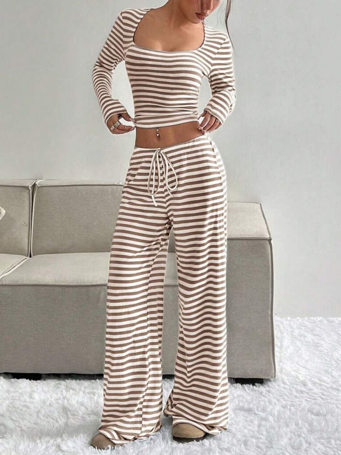 Striped Long Sleeve Crop Top & Wide Leg Pants Set