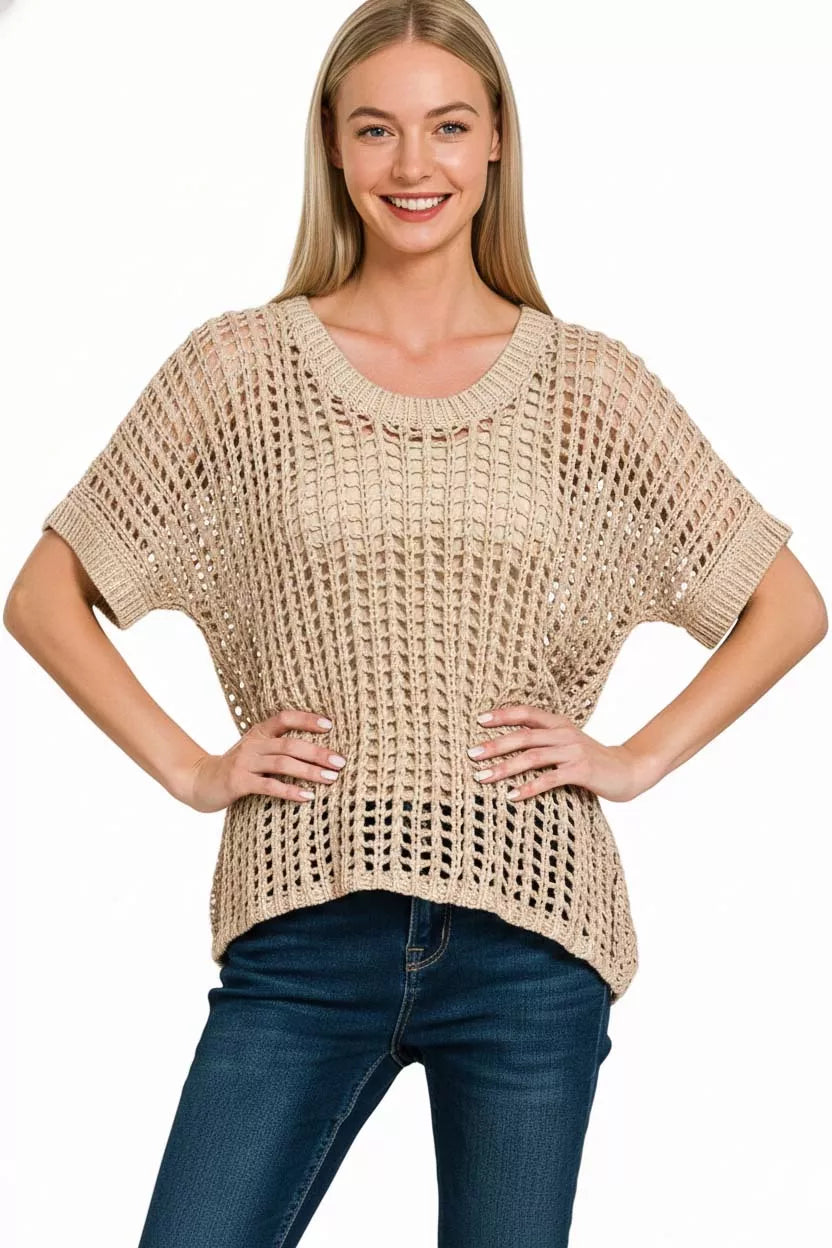 Zenana Fish Net Short Sleeve Crochet Knit Cover Up